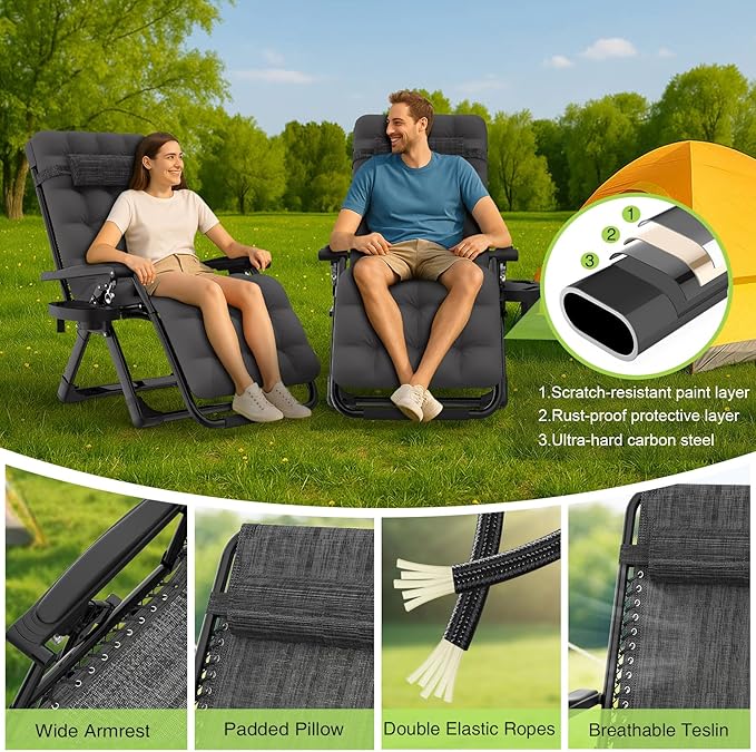 Suteck Zero Gravity Chair, Reclining Camping Lounge Chair w/Removable Cushion, Upgraded Lock and Cup Holder, Reclining Patio Chairs Folding Recliner for Indoor and Outdoor