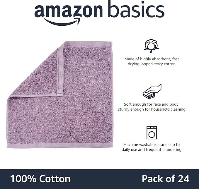 Amazon Basics washcloth for Bathroom, 100% Cotton Extra Absorbent, Fast Drying