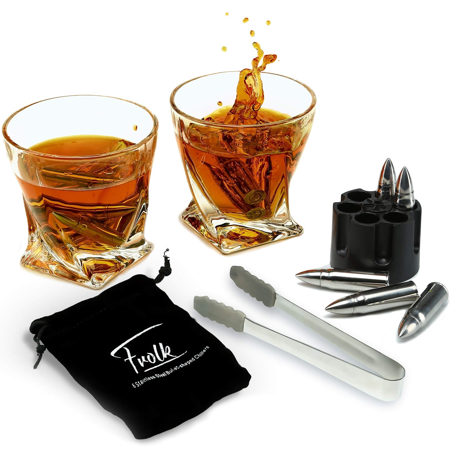 Whiskey Chillers Premium Gift Set By Frolk, Set of 6 Extra Large Stainless Steel Whiskey Stones, 2 Large Twisted Whiskey Glasses (11 oz), Freezer Base, Velvet Pouch & Tongs in Novelty Wooden Box