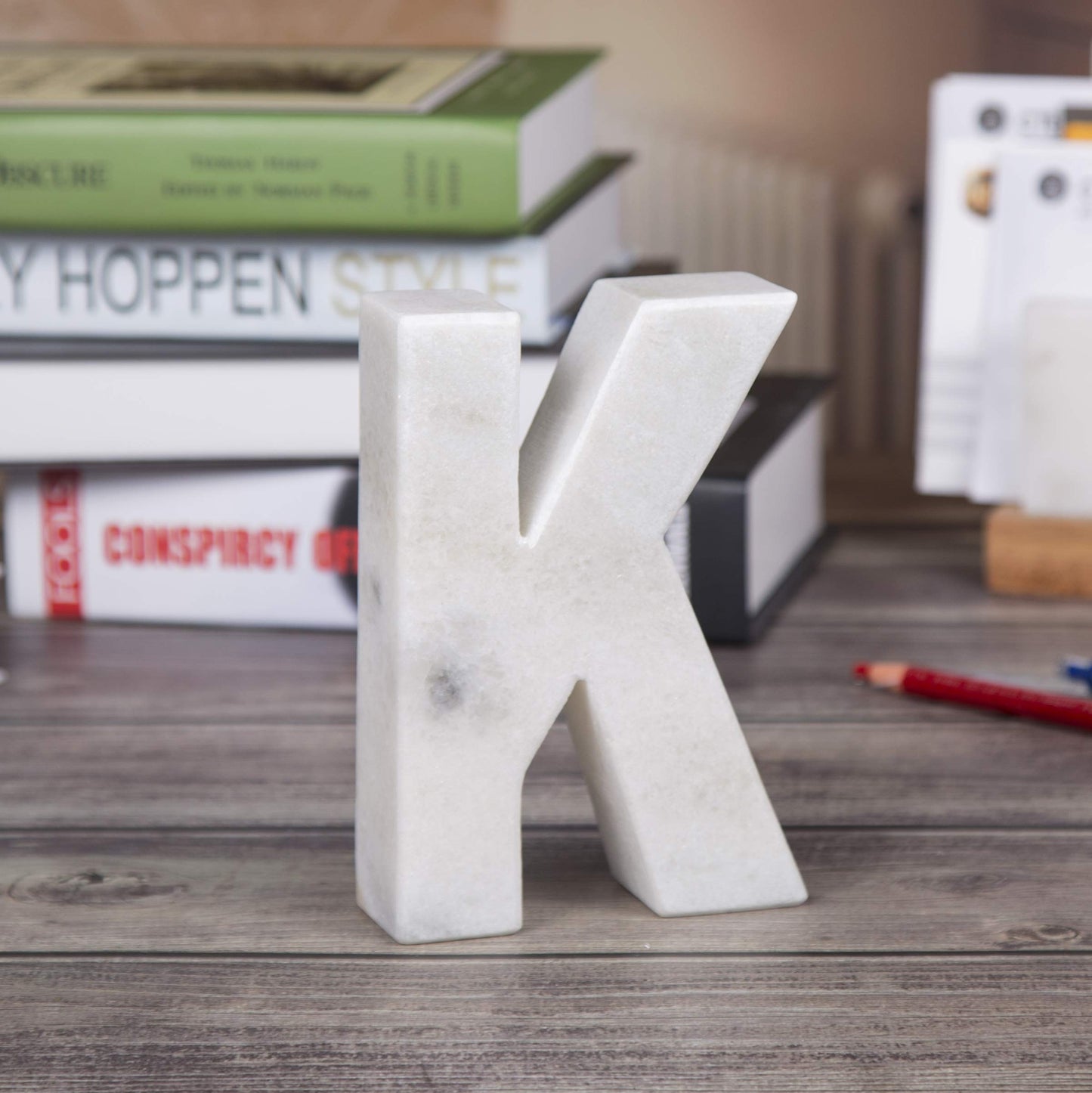 Creative Home Natural Marble Stone Letter K Bookends, Off-White