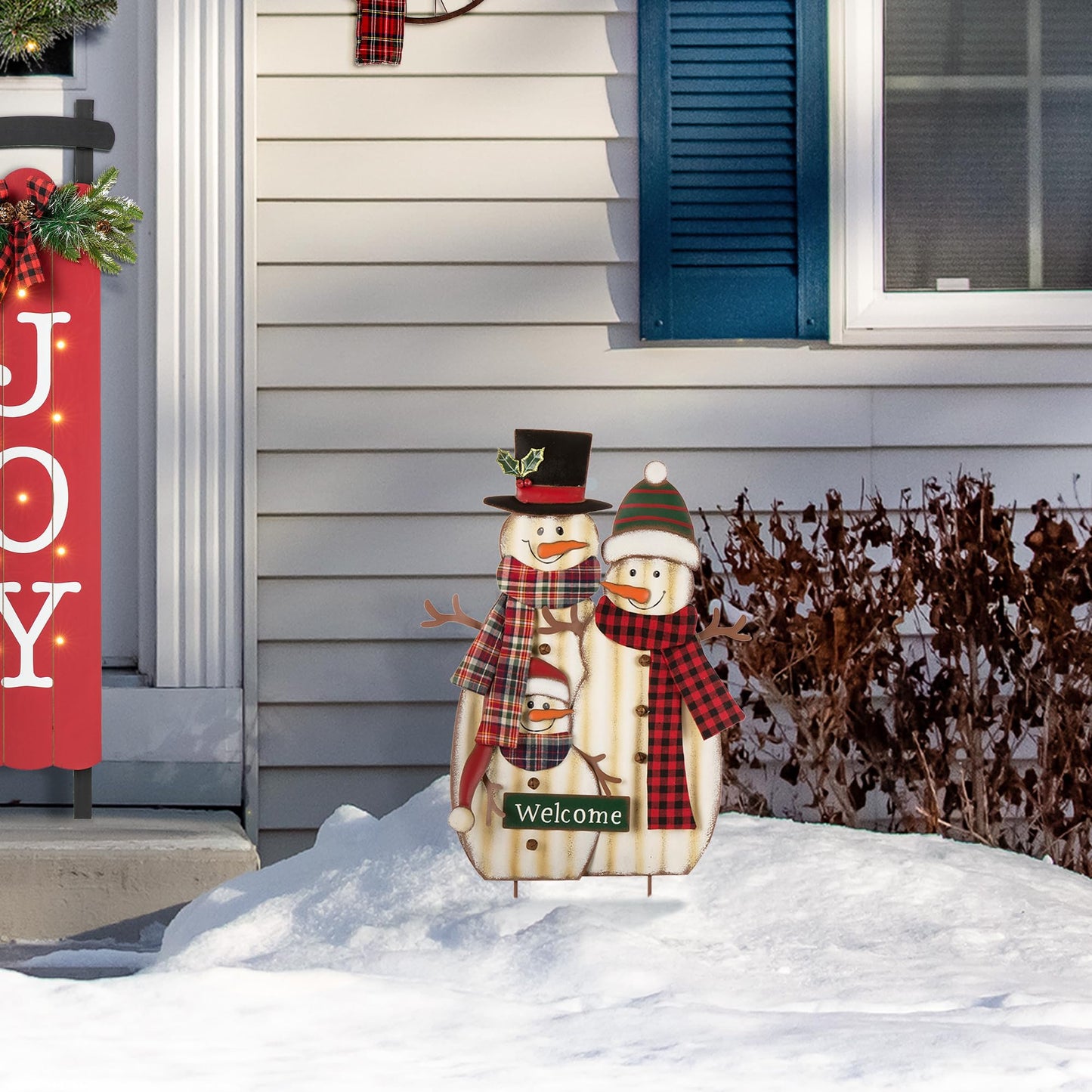 Glitzhome 30" H Metal Christmas Snowman Family Yard Stake, Holiday Decorations Outdoor Standing Hanging Display, Xmas Holiday Wall Ornament for Lawn Outdoor Holiday Decoration