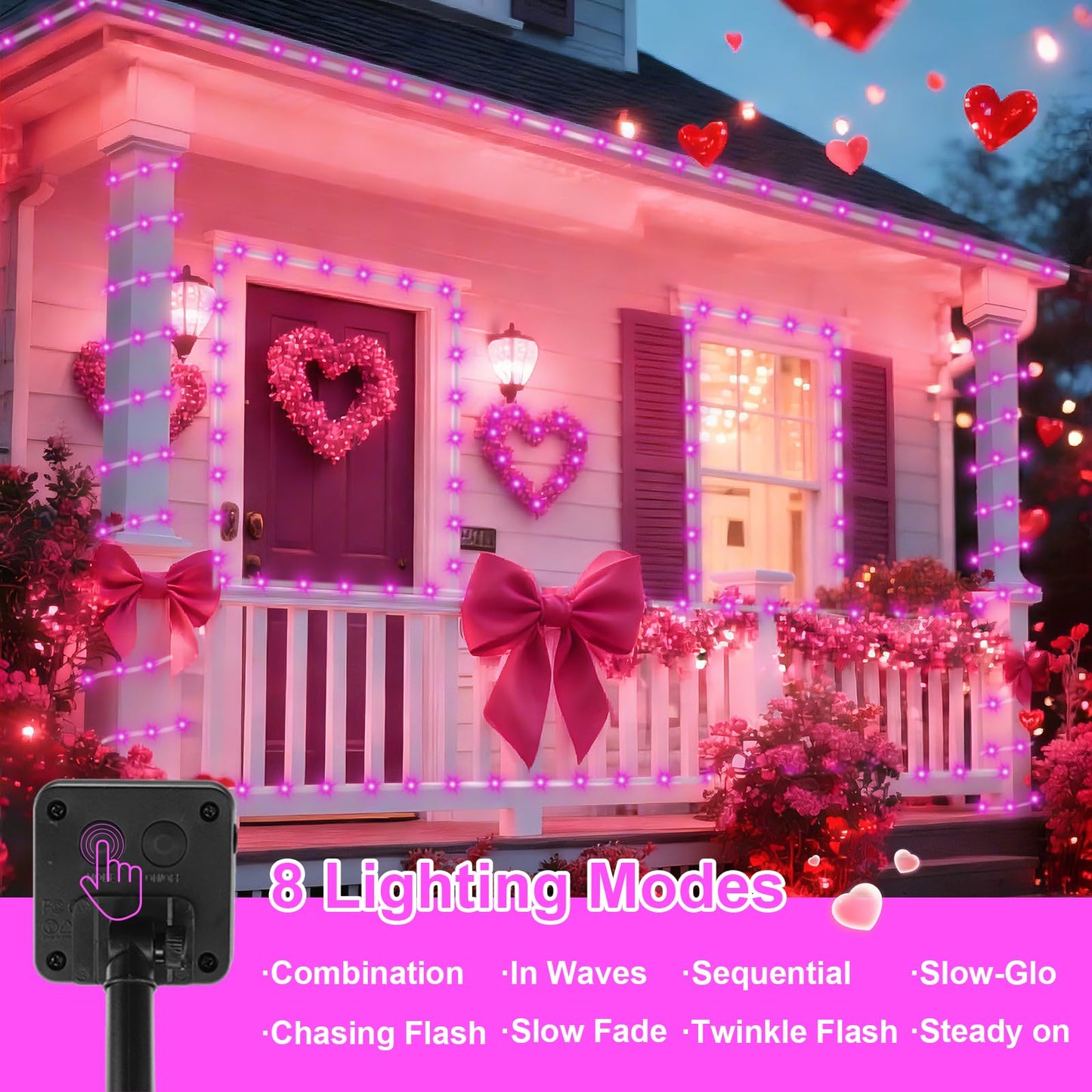 QITONG Pink Solar Rope Lights Outdoor, 2 Pack Each 33ft 100 LED String Light, 8 Modes Fairy Lights in Clear Thin Tube with 8 Modes
