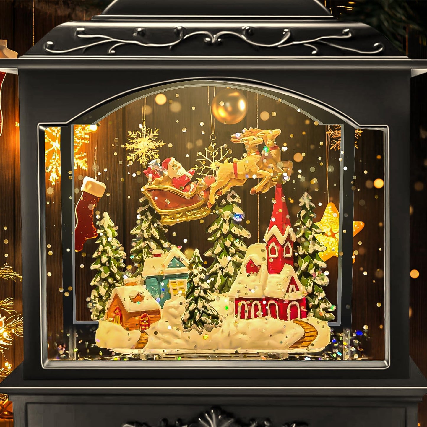 Musical Christmas Snow Globe Lantern with Flying Santa, Swirling Glitter Lighted Water Lantern, 6H Timer, USB or Battery Powered Holiday Decoration