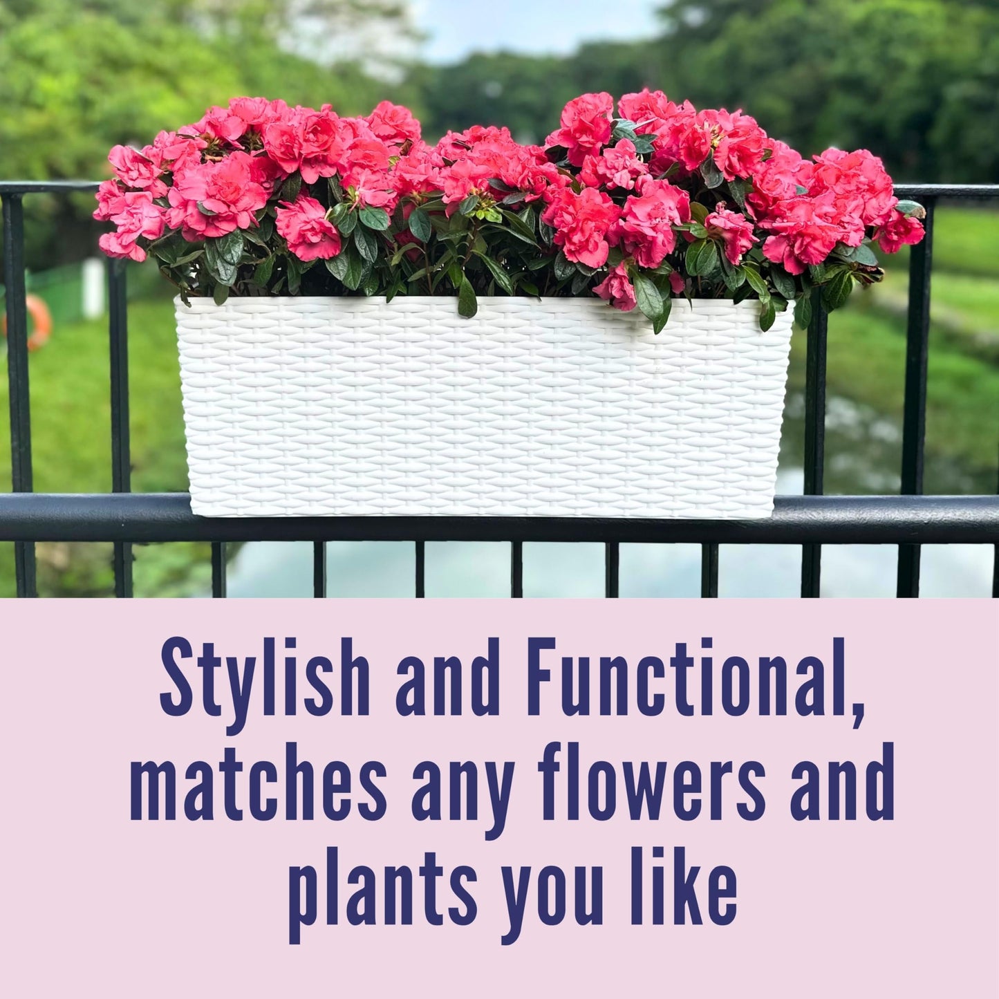 LaLaGreen Outdoor Rail Planter for Balcony (20 Inch, 2 Pack) Large White Self Watering Railing Planters with Brackets, Rectangular Plastic Fence Modern Window Boxes Designer Choice with Rattan Pattern