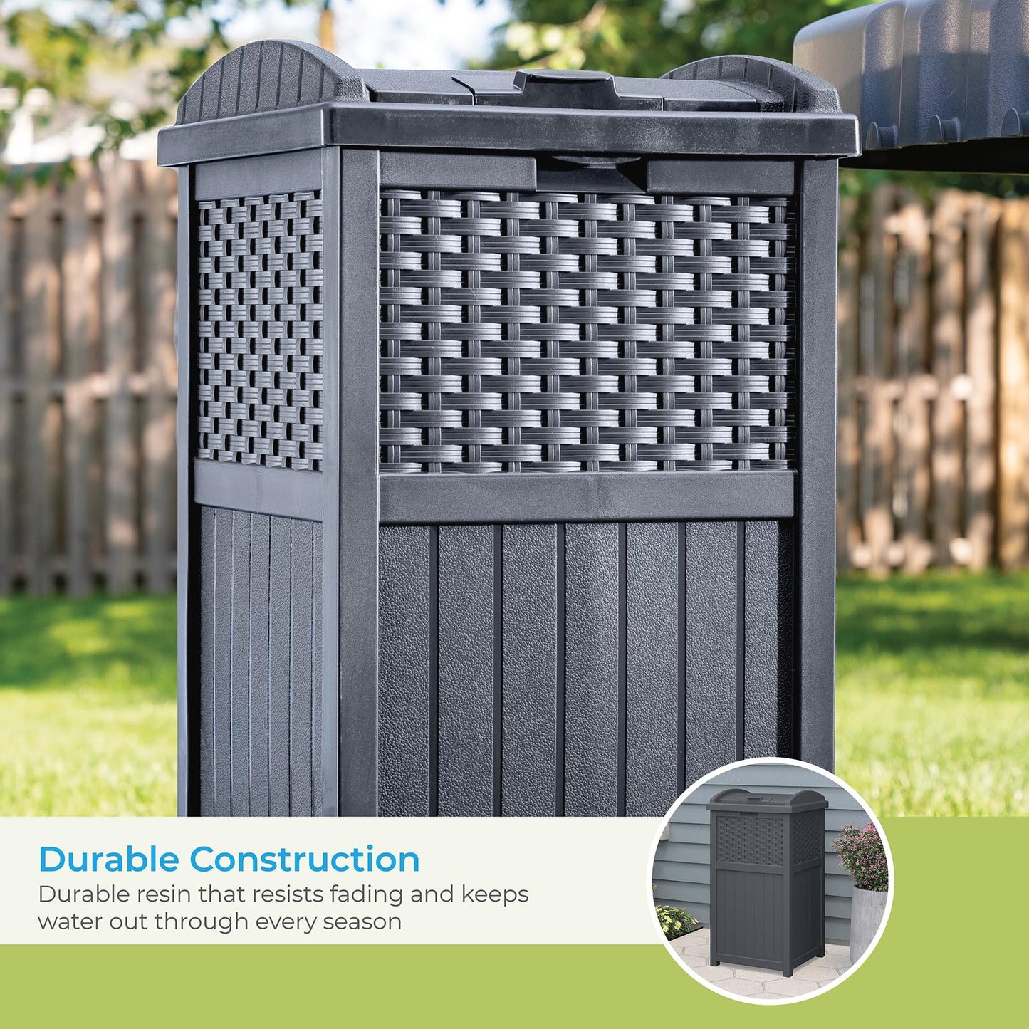 Suncast 33 Gallon Wicker-Style Hideaway Trash Can with Secure Latching Lid and Weather-Resistant Construction for Patio, Cyberspace Grey, Made in the USA
