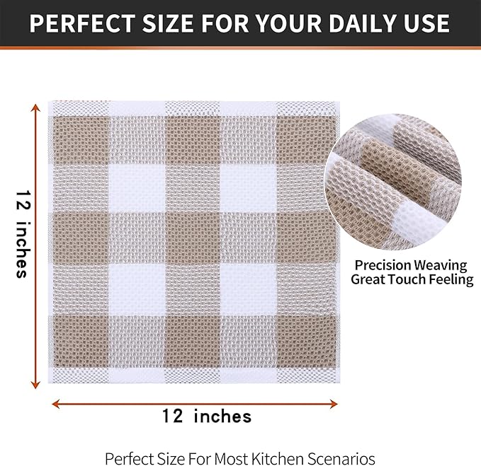 Homaxy 100% Cotton Waffle Weave Check Plaid Dish Cloths, 12 x 12 Inches