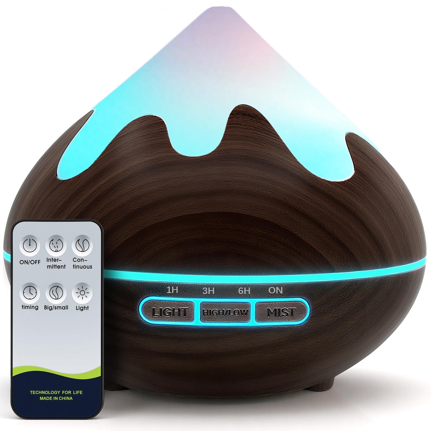 Essential Oil Diffuser for Home 500ML, Ultrasonic Large Diffuser Oil Machine with Remote Control, Aromatherapy Diffusers for Home Office Room, Aroma Diffuser with 14 Color LED & 2 Mist Mode, Brown