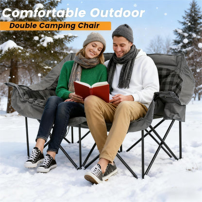 Heated Double Camping Chair with 2 Battery, Padded Camping Couch with 3 Heat Levels and 4 Heating Zones, Oversized Camp Loveseat Support 800lbs for Soccer Games, Tailgating, RV Travel, Beach Days