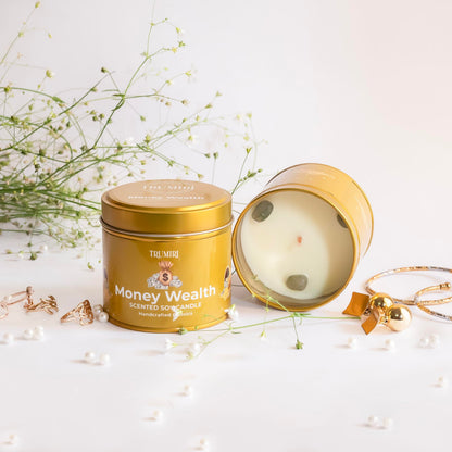 Money Wealth - Crystal Candles for Home Scented - 5oz Soy Wax Natural Clean Organic Non Toxic with Essential Oils - for Real Cash Luck Manifestation Aromatherapy Gift Bathroom - Long Lasting Candel