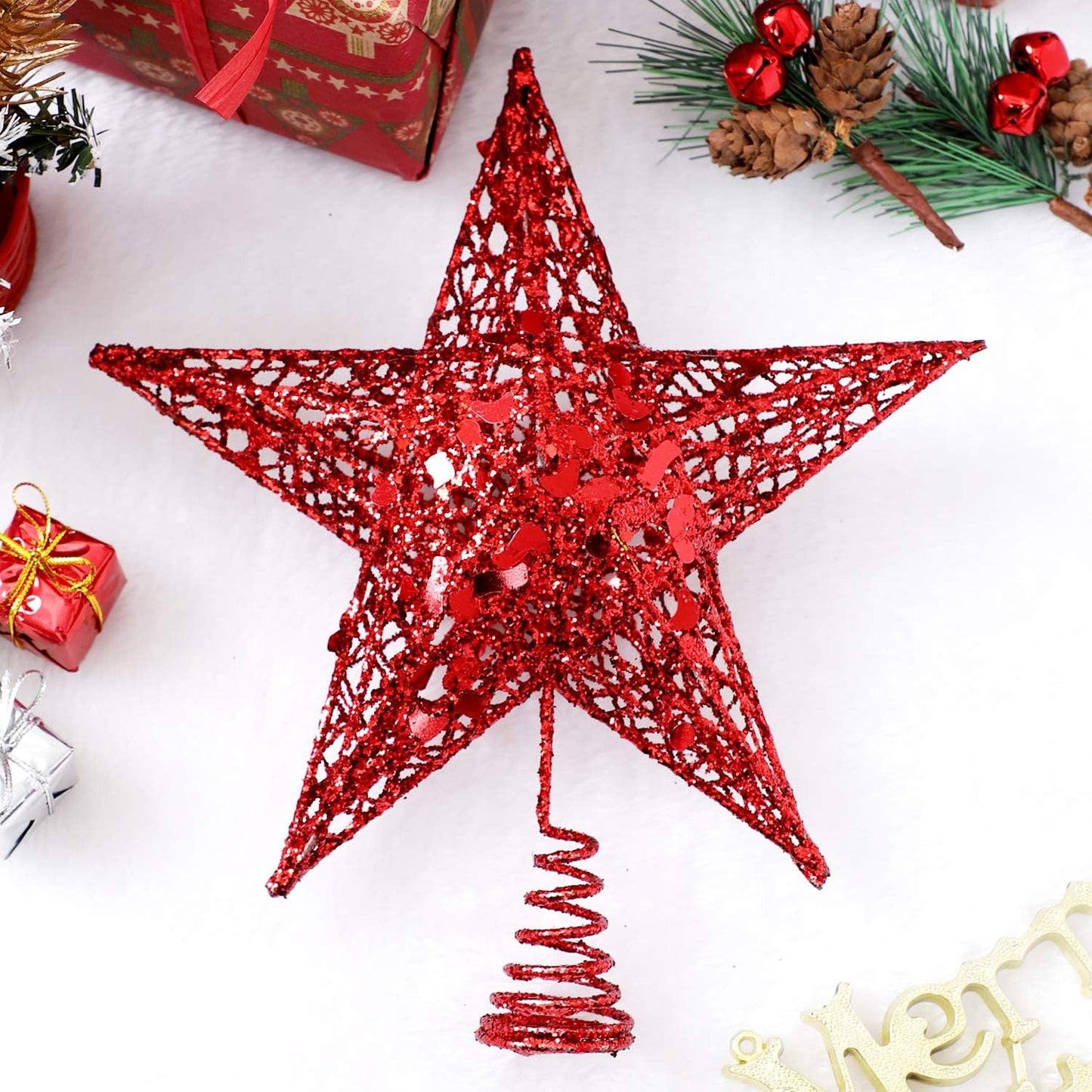 URATOT Glittered Christmas Tree Topper Metal Christmas Treetop Hallow Wire Star Topper for Christmas Home Decoration (8 inches, Red)