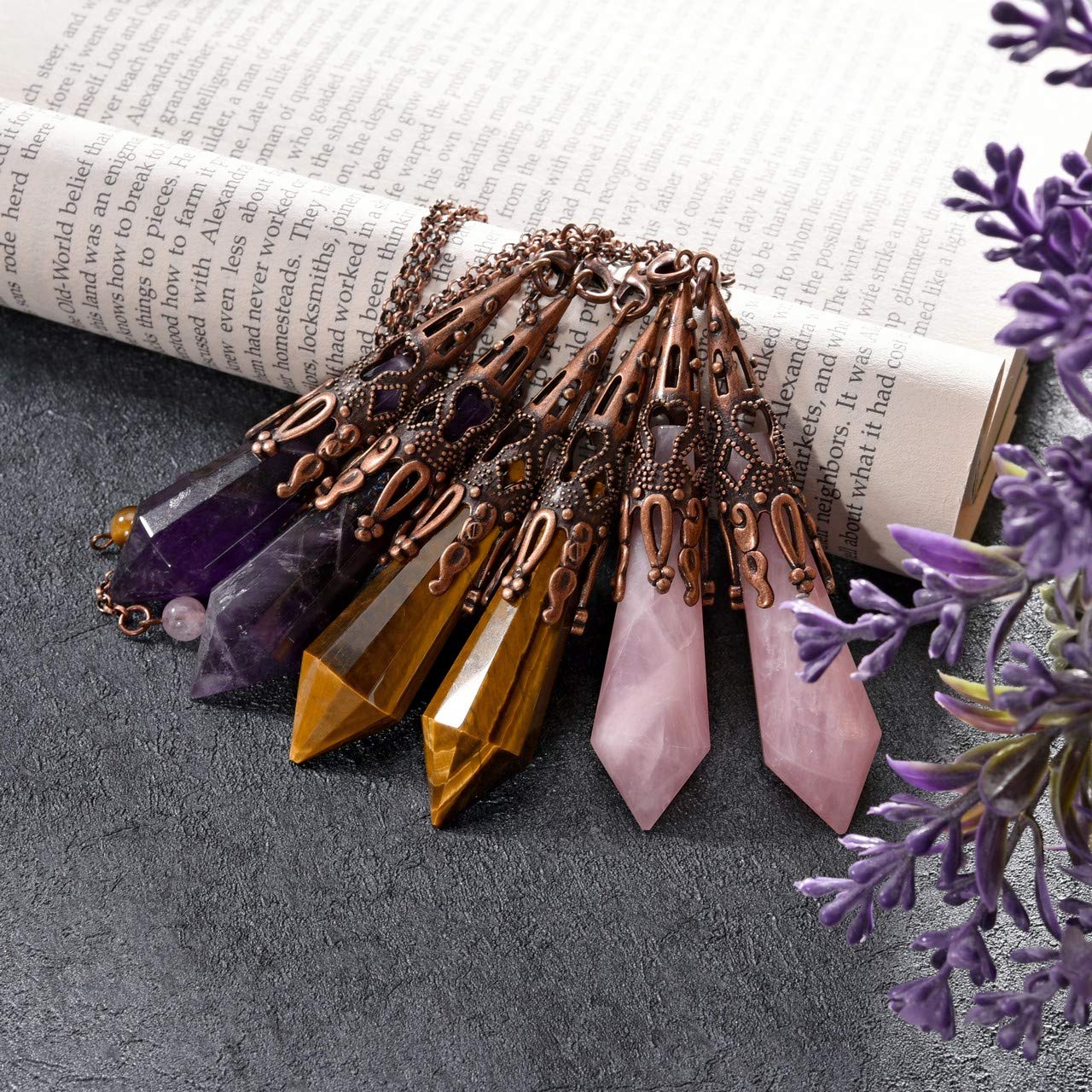 Jovivi 3pcs Natural Amethyst Rose Quartz Crystal 12 Facted Therapy Healing Dowsing Divination Pendulum Reiki Charged Chakra Balancing Pendant with Chain