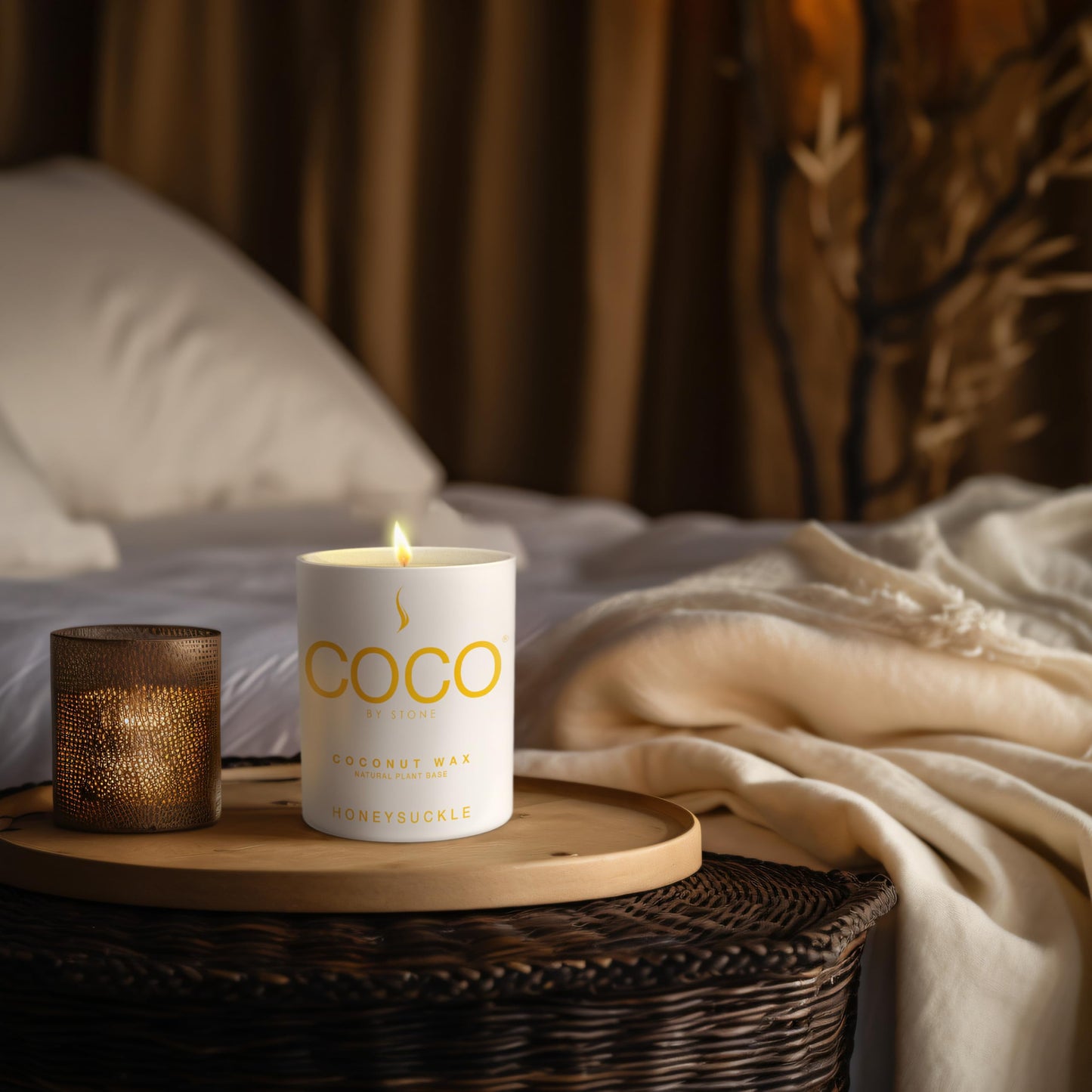 COCO by Stone 11oz Candle, Coconut Apricot Wax Candle for Home (Honeysuckle) Home Fragrance Products, 1 Wick Candle, Enhance Indoor Aroma, Vegan & Cruelty-Free, Clean Burning and Hand Poured Candle