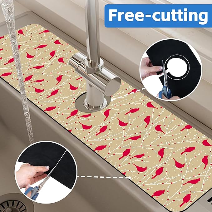 Christmas Cardinal Birds Kitchen Sink Splash Guard Mat Absorbent Fast Drying