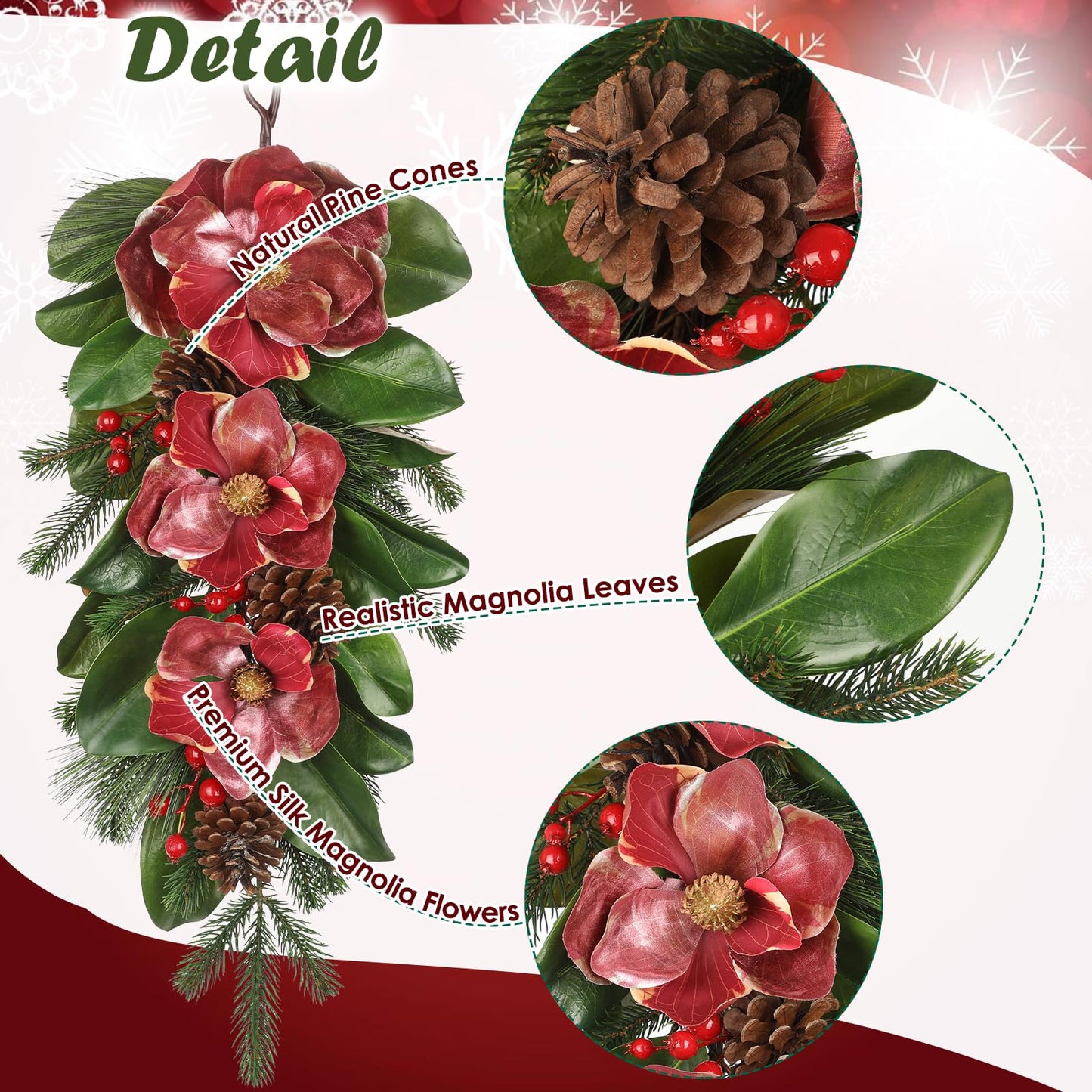 Briful 28.7 Inch Christmas Magnolia Flower Teardrop Swag – Red Magnolia Door Swag with Pine Cones Berries Artificial Christmas Hanging Teardrop for Xmas Home Holiday Front Door Outdoor Porch Decor