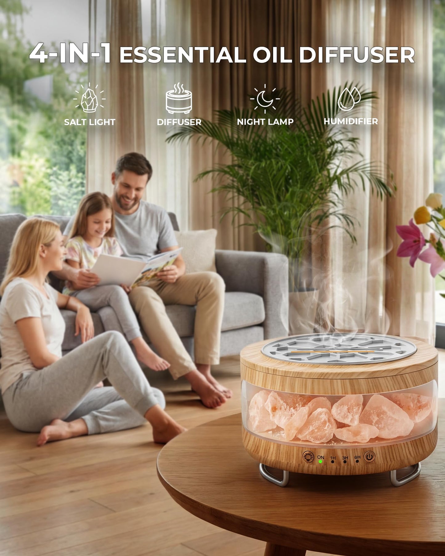 Essential Oil Diffuser with Himalayan Salt Lamp, 350ml Ultrasonic Aromatherapy Humidifier, 7 Colors LED Light, Timer & Auto Shut-Off for Home Bedroom Office Spa Yoga