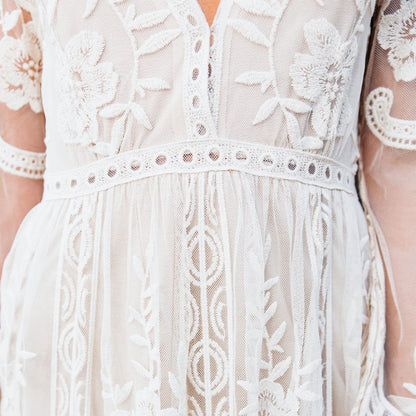 Womens Deep V Neck Short Sleeve Floral Lace Dress Long Bridesmaid Maxi Dresses