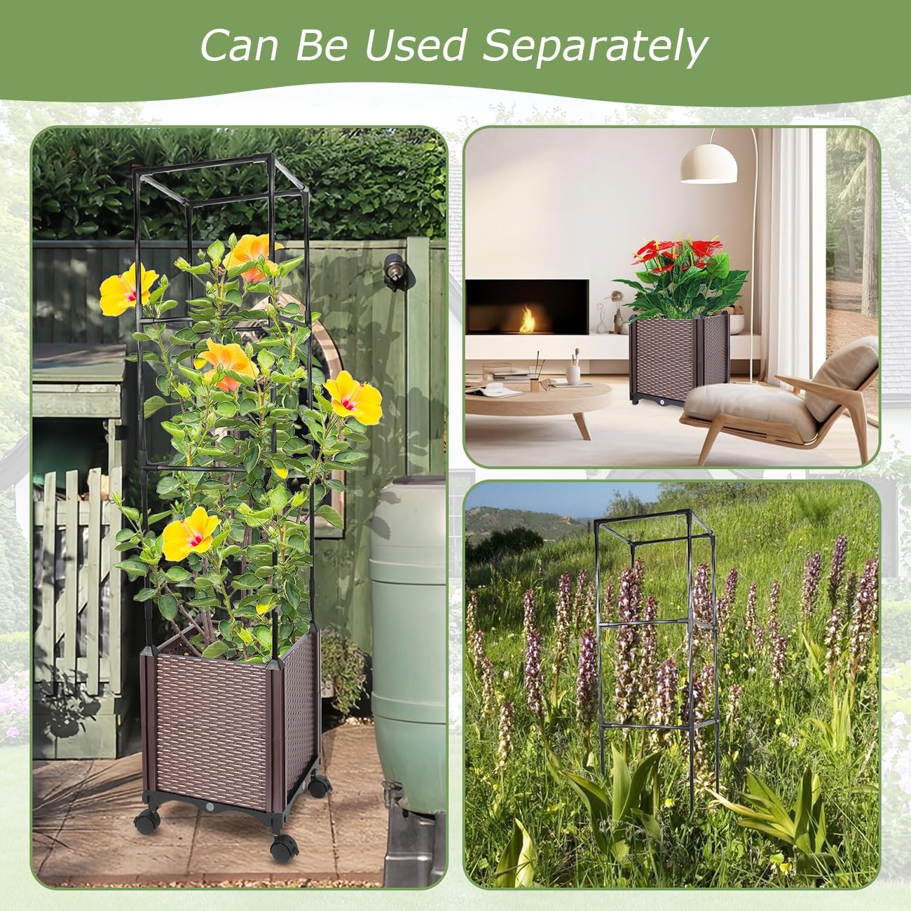 2-in-1 Raised Garden Bed Planter Box with Trellis Wheels, Tomato Cage for Indoor Outdoor Climbing Plants Vegetable Vine Flowers(180cm/70.9″)