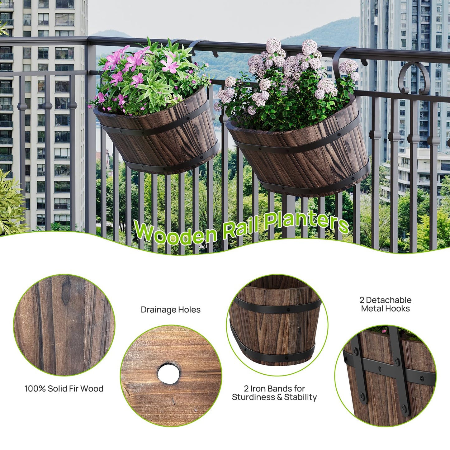 2pcs Wood Railing Planter Boxes Wooden Hanging Flower Pots for Railing Fence Outdoor Plants Wall Planters Window Flower Box Hanging Bucket Pots Countryside plant Holder (Carbonized,2pcs,Small)