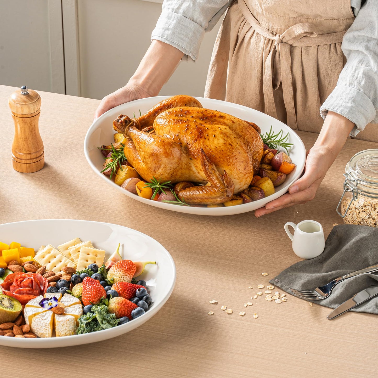 Gacoree 14 Inch Oval Serving Platters Set of 2, Large Wide Ceramic Serving Platter, White Porcelain Serving Trays for Entertaining, Turkey, Steak, Appetizers, Pasta, Salad