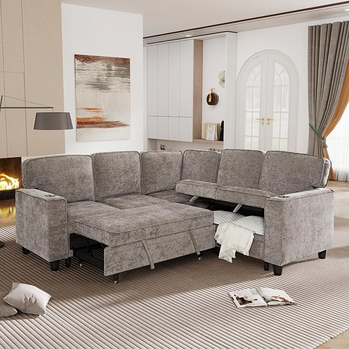 L-Shaped Sectional Couch with Storage and Pull Out Bed, Convertible Sofa Bed
