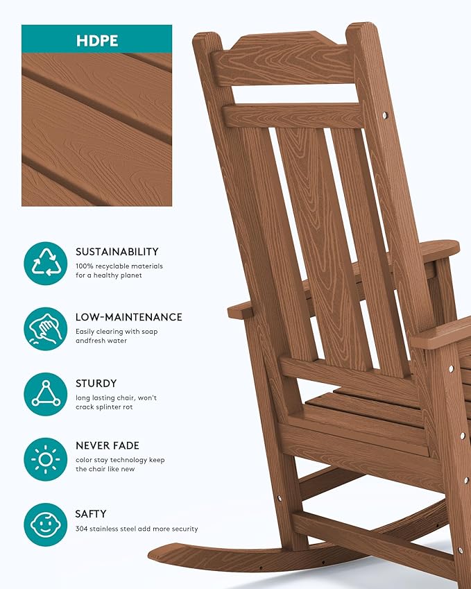 SERWALL Outdoor Rocking Chair Set of 6, Patio Rocking Chair Sets, HDPE Rocking Chair for Adults, Brown