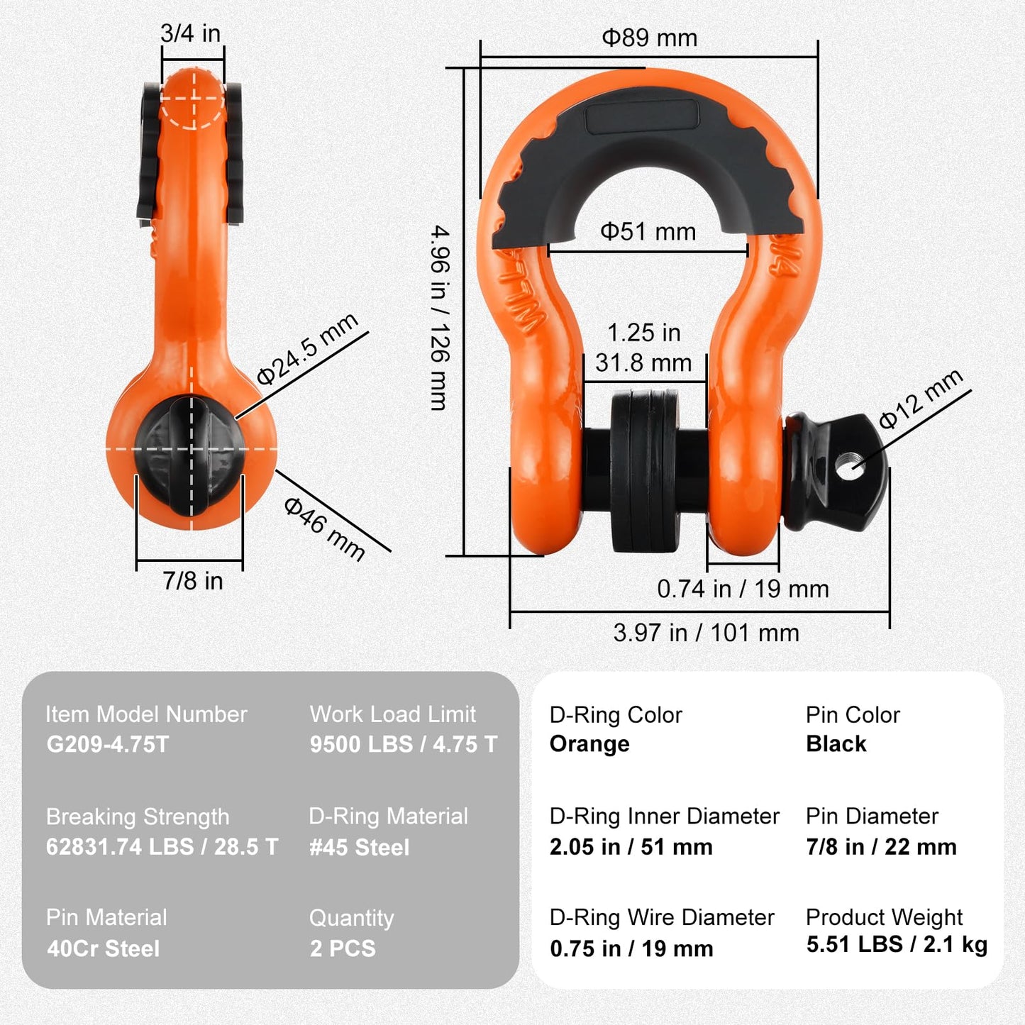 VEVOR 3/4" D Ring Shackle, Orange Shackles for Truck with 7/8” Screw Pin 62832 lbs(28.5 Ton) Break Strength Black Isolator Washers Kit, Winch Towing Shackle for Truck Jeep Heavy Duty Off Road Recovery
