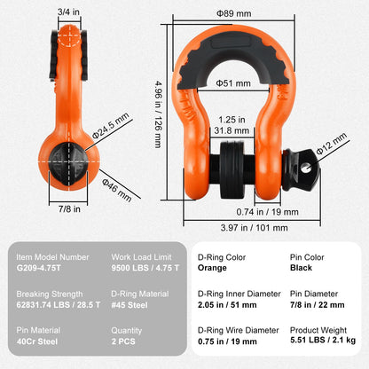 VEVOR 3/4" D Ring Shackle, Orange Shackles for Truck with 7/8” Screw Pin 62832 lbs(28.5 Ton) Break Strength Black Isolator Washers Kit, Winch Towing Shackle for Truck Jeep Heavy Duty Off Road Recovery
