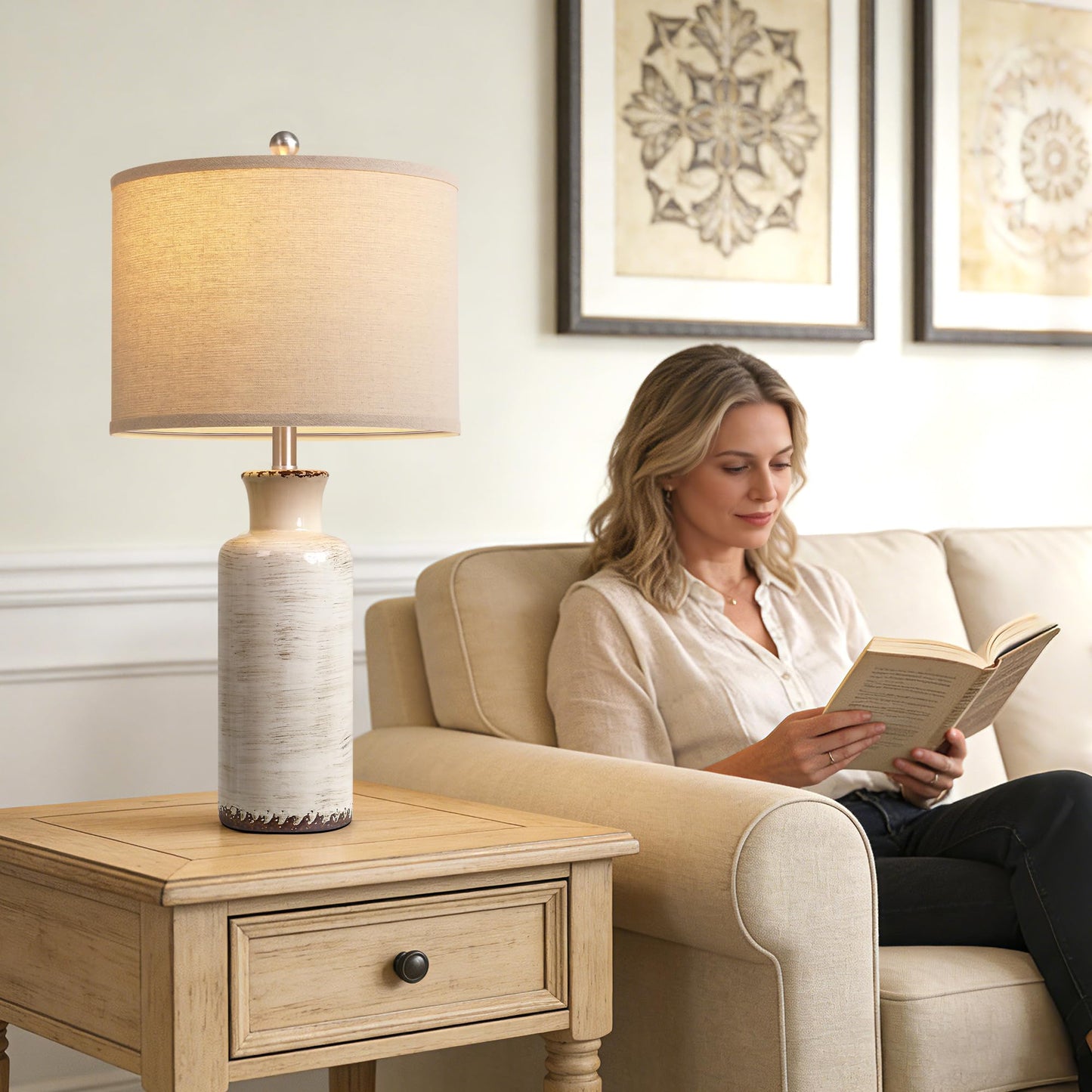 QiMH 25" Modern Lamps for Living Room, Unique Flowing Glazes Ceramic Table Lamp Set of 2 with Linen Lampshade, Beige Rustic Farmhouse Beside Lamps for Bedroom Nightstand Home Decor(Bulb Included)