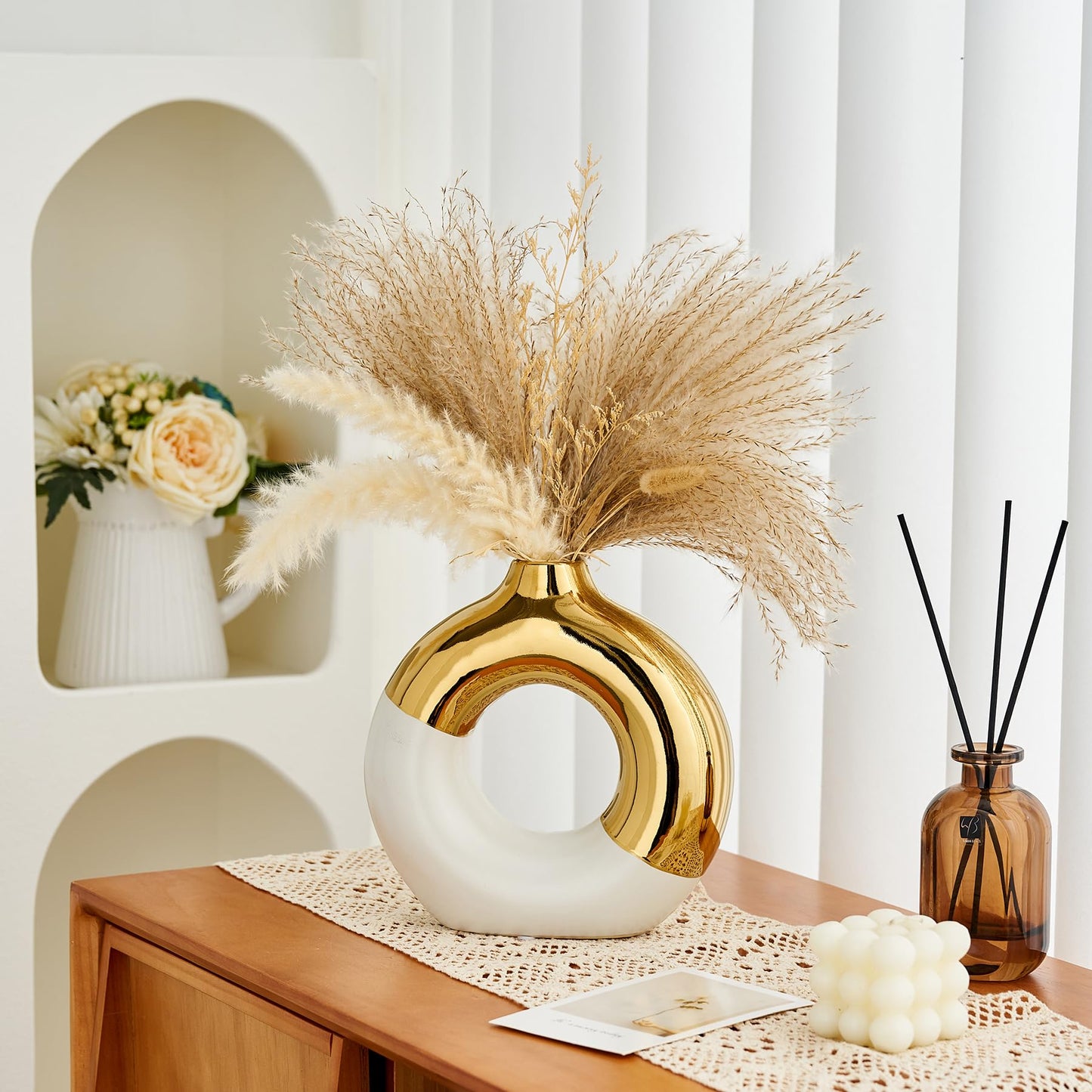 FJS Ceramic Donut Vase, 8" L x 8" H White and Gold Round Vase for Pampas Grass, Nordic Modern Vases for Decor, Ceramic Vase Centerpieces for Wedding, Bedroom, Living Room, Coffee Table, Office