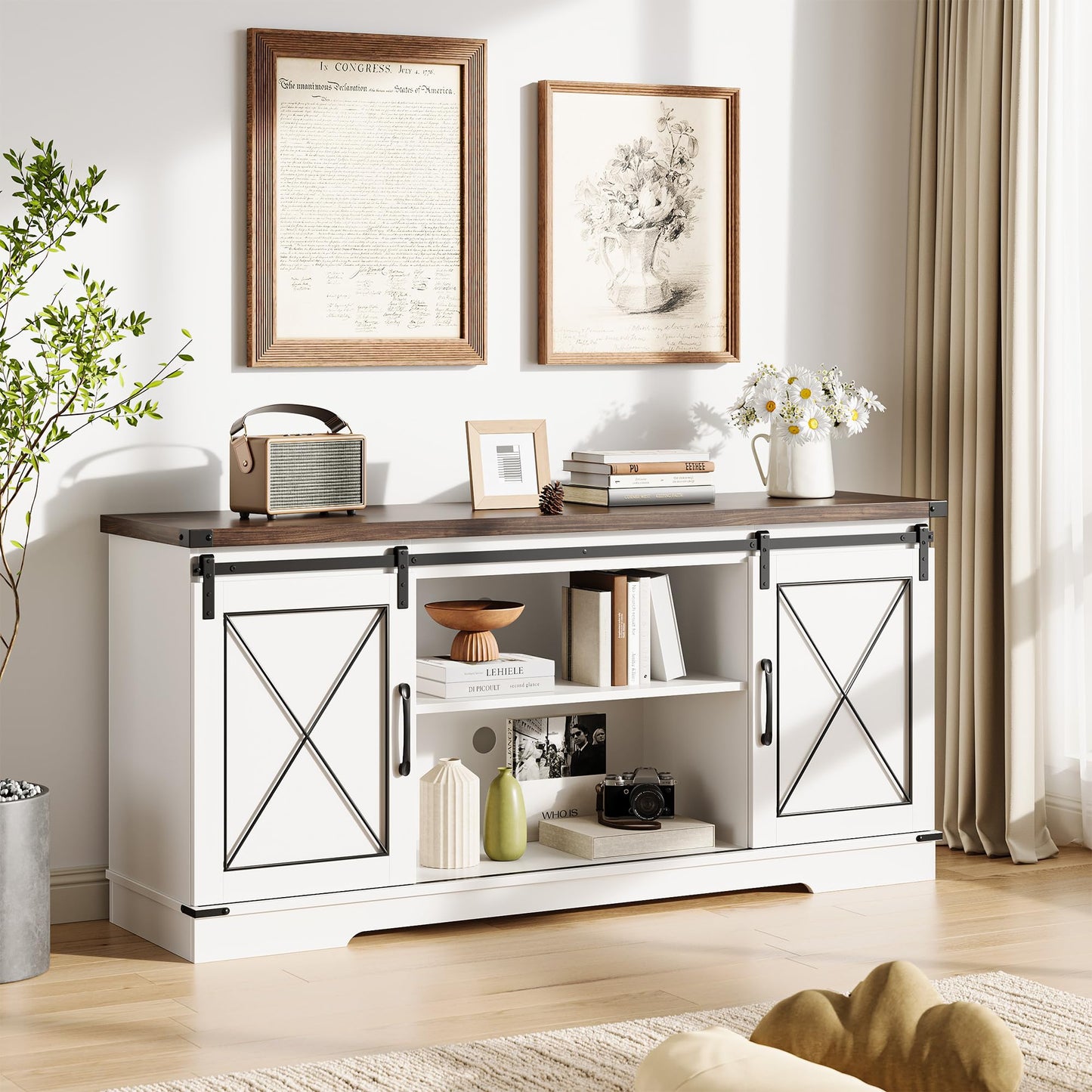 IDEALHOUSE Farmhouse TV Stand and Entertainment Center for Tv up to 65 inches with Sliding Barn Doors, Tv Media Console Table with Storage Cabinet for Living Room, White & Brown