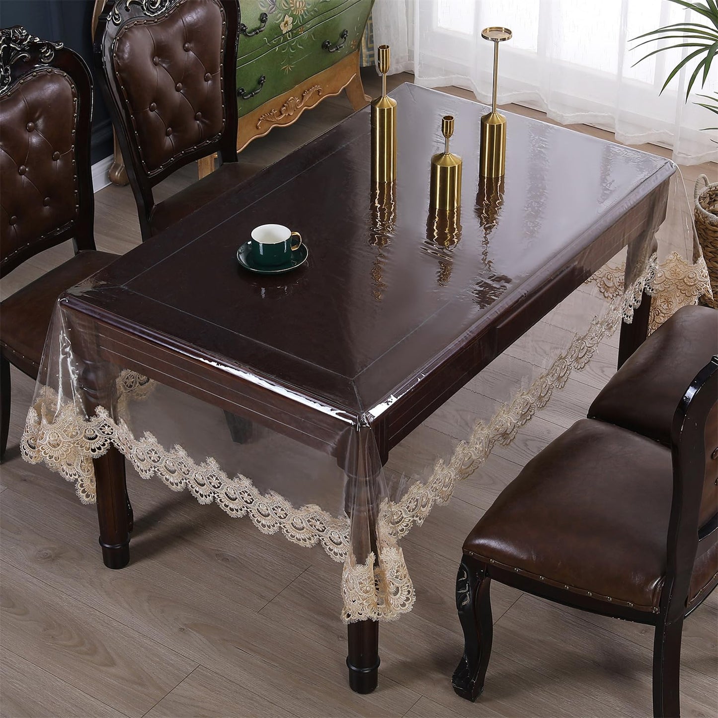 Clear Plastic Rectangle Tablecloth Vinyl Waterproof Table Cloth Embroidered Lace Edge Transparent Table Cover for Dining Kitchen Outdoor(52 x 70 inch, Coffee Style 3)