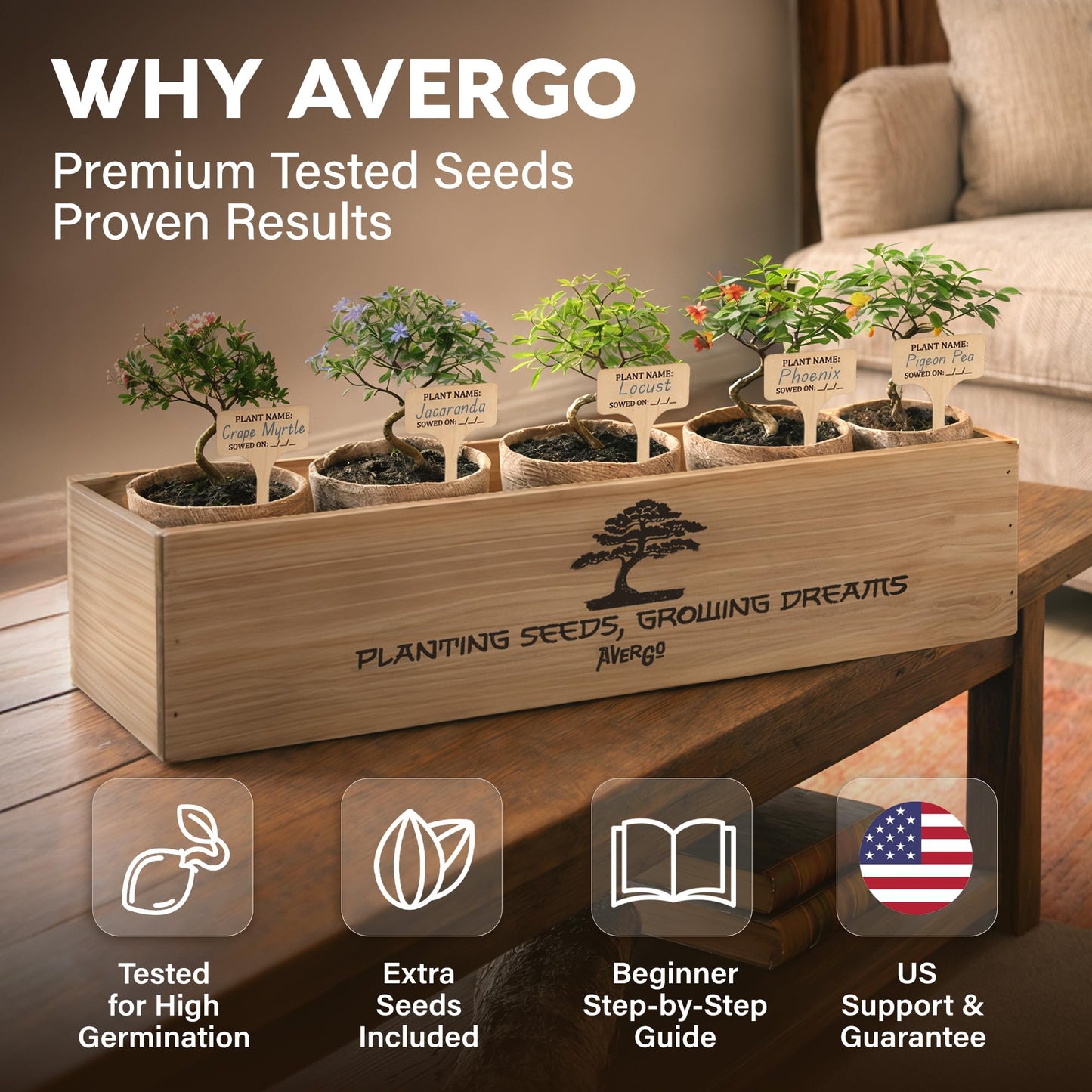 AVERGO Bonsai Tree Kit Classic - 5X Unique Japanese Bonzai Trees | Complete Indoor Bonsai Starter Kits for Growing Trees – DIY Gardening Gifts for Mother's Day, Women & Men