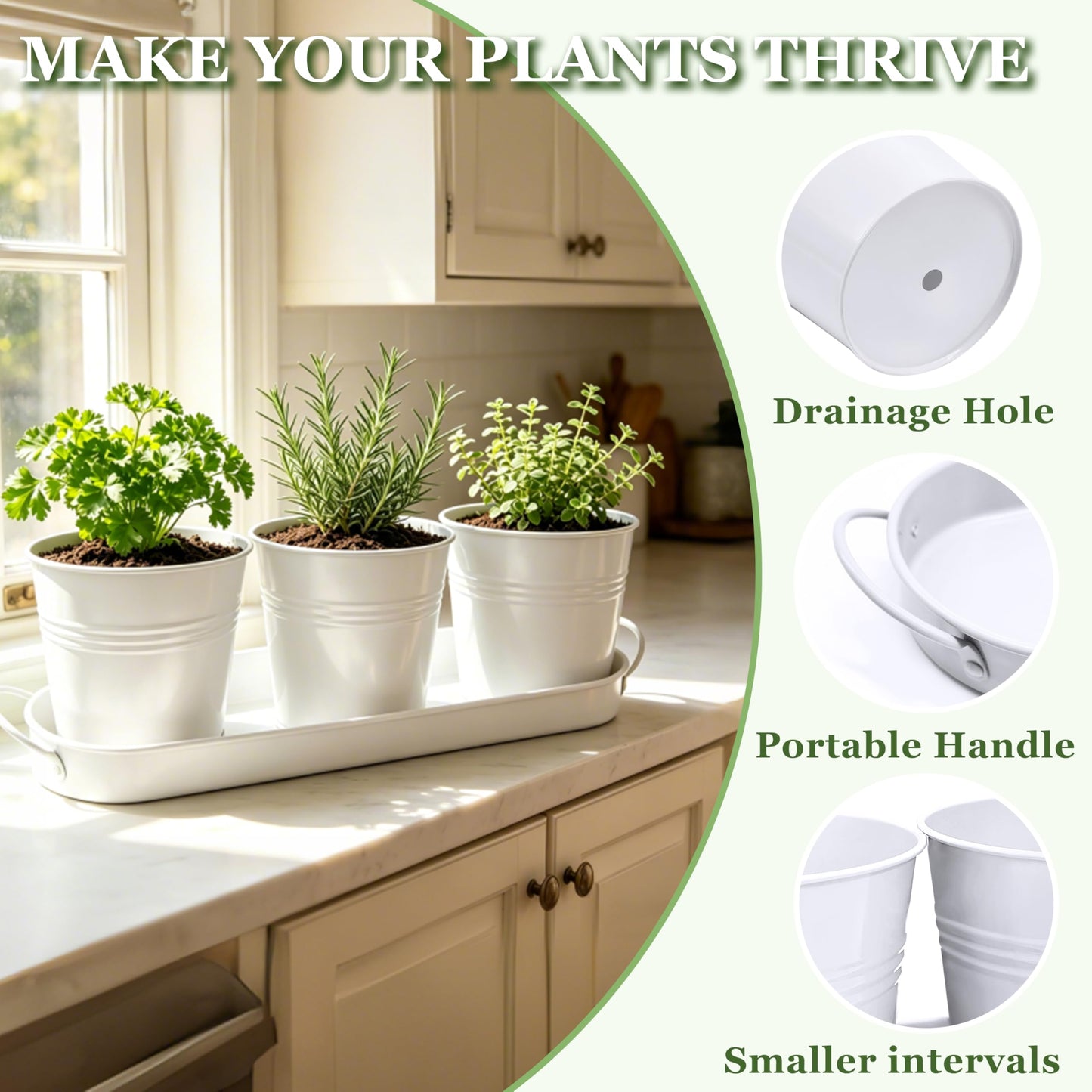TCBWFY Indoor Herb Garden Planter Set - 3 Pack 4.7" White Metal Plant Pots with Drainage Holes & Removable Tray - Windowsill Kitchen Counter Balcony Office Garden