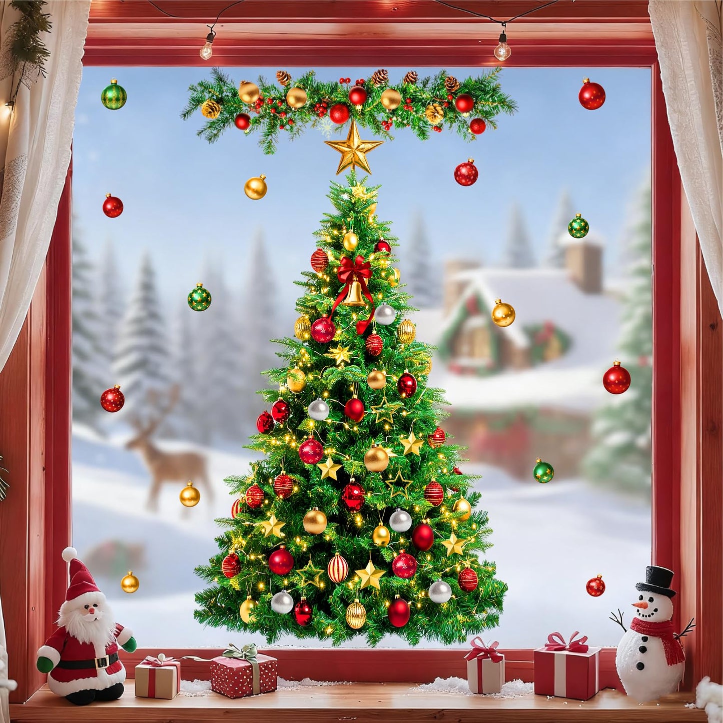 Large Christmas Tree Wall Decals Peel and Stick Merry Christmas Ornament Wall Stickers Removable Winter Tree Decals Xmas Trees Stickers Xmas Holiday Window Sticker for Party Decoration