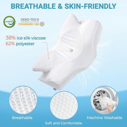 Elviros Cervical Memory Foam Pillow for Neck Pain Orthopedic Neck Pillow for Shoulder Pain Ergonomic Head Neck Support Pillow for Side/Back/Stomach Sleepers with Removable Cover (White-S)