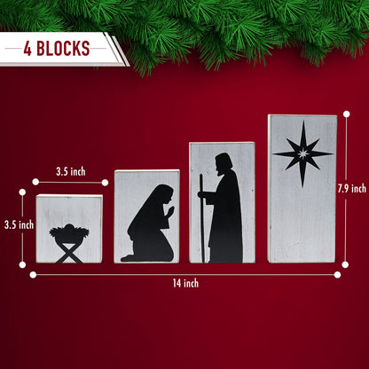 Ornativity Wooden Block Nativity Scene - Black Xmas Silhouette Christmas Figures on White Painted Wood Blocks Indoor Nativity Table Top Shelf Sitter Mantle Centerpiece Set Decorations - 1 Set