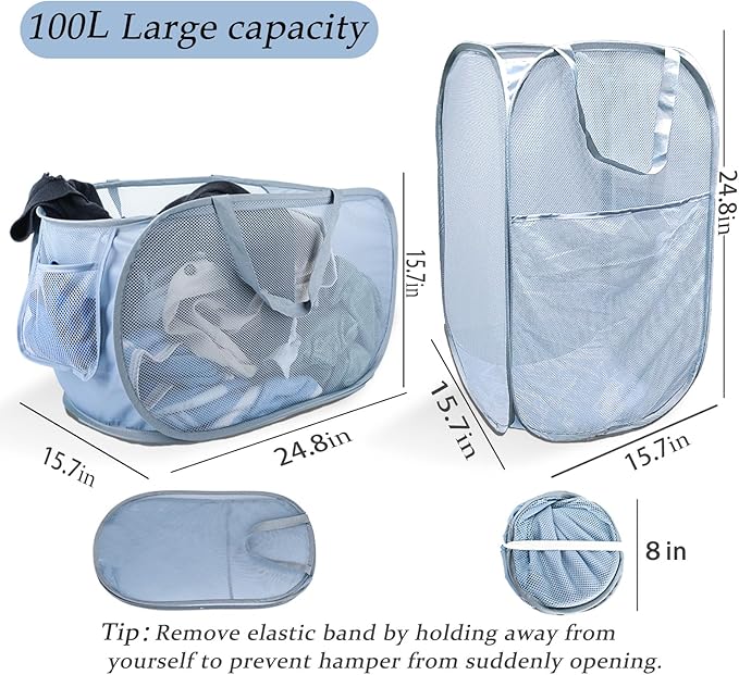 Extra Large Mesh Pop Up Laundry Hamper 2 Pack, 100L Foldable Laundry Baskets