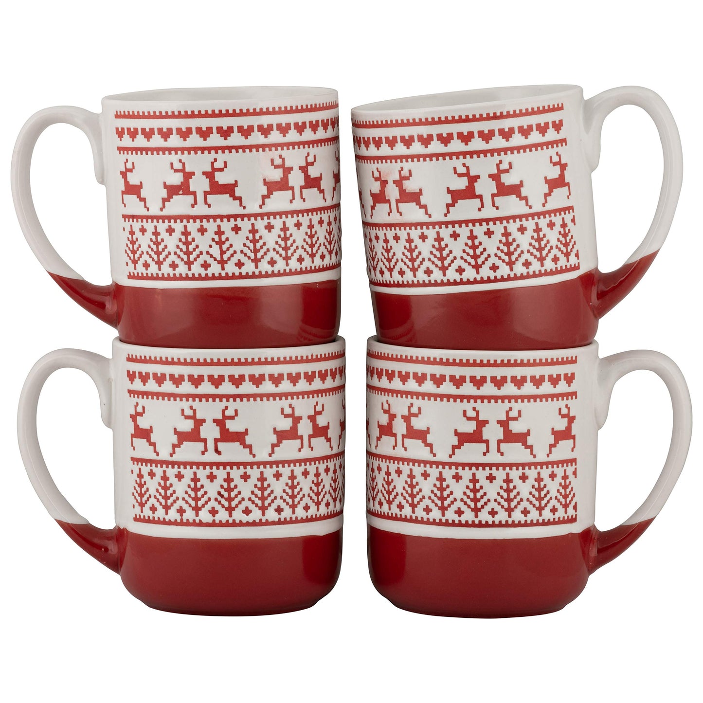 10 Strawberry Street Embossed Reindeer Ceramic Mug, Set of 4 (Red), S4MUG-XMAS