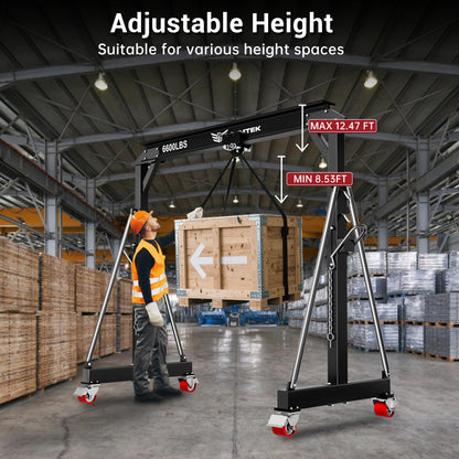 BSMTEK 3 Ton 6600LBS Gantry Crane, Upgraded Trolley, Adjustable Height (8.53-12.47 FT), Width (8.53 FT), Steel I-Beam Construction, Portable Shop Hoist for Factory, Warehouses, Repair
