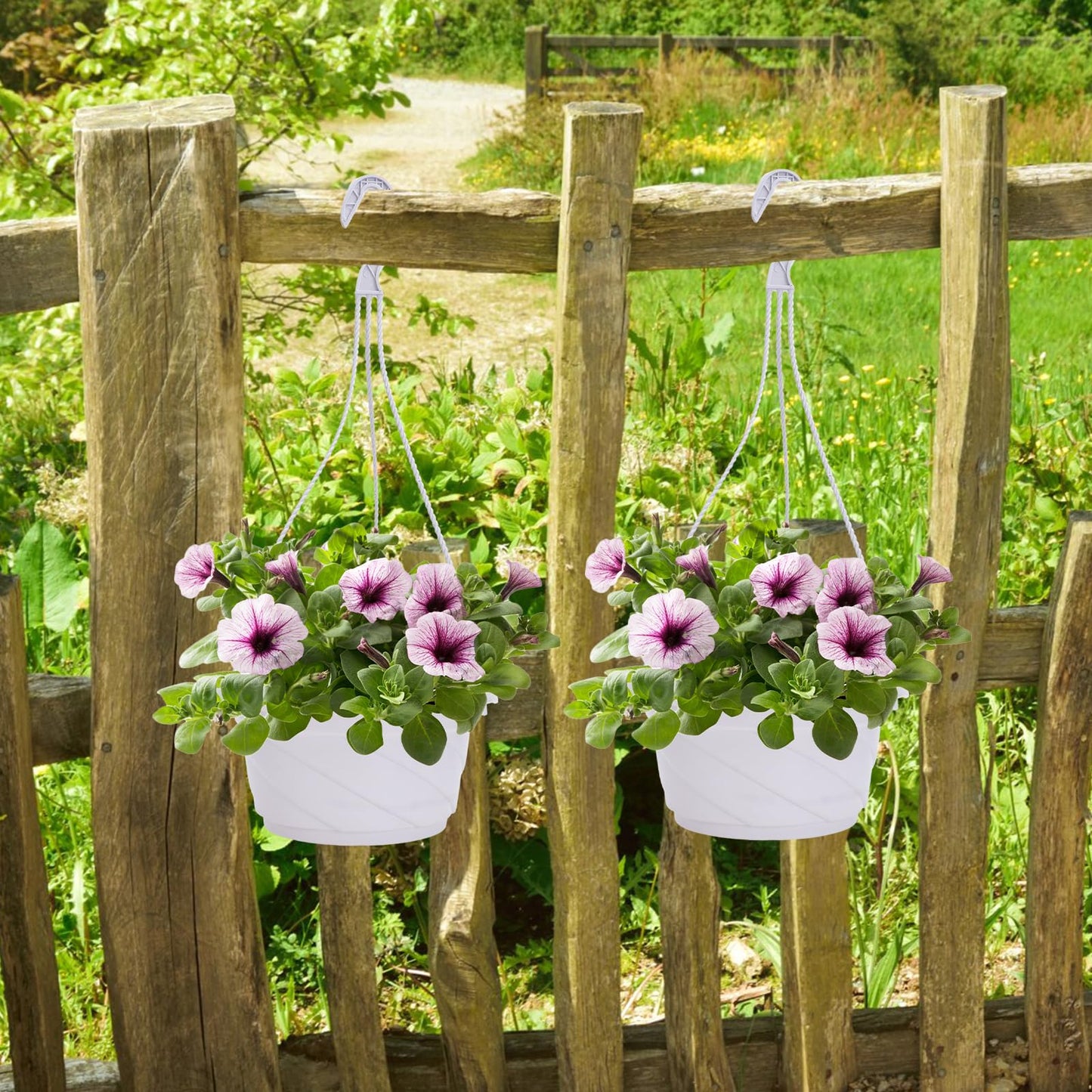 DOITOOL 10 Pack Hanging Plastic Pots for Plants with Hook, Garden Flower Plant Pot Container Baskets Hanging Nursery Planter Holder for Indoor Outdoor Garden Decor (White,6.7 Inch)