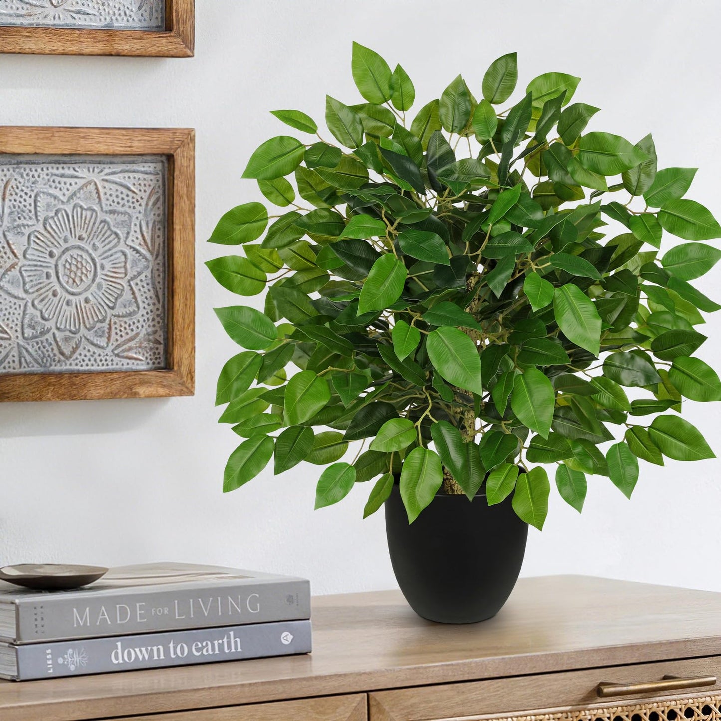 GnFlus Fake Plant 19.6'' Small Artificial Plants Indoor Ficus Fake Potted Plant with 28 Branches Faux Tropical Silk Plants for Home Living Room Desk Office Table Kitchen Counter Shelf Décor