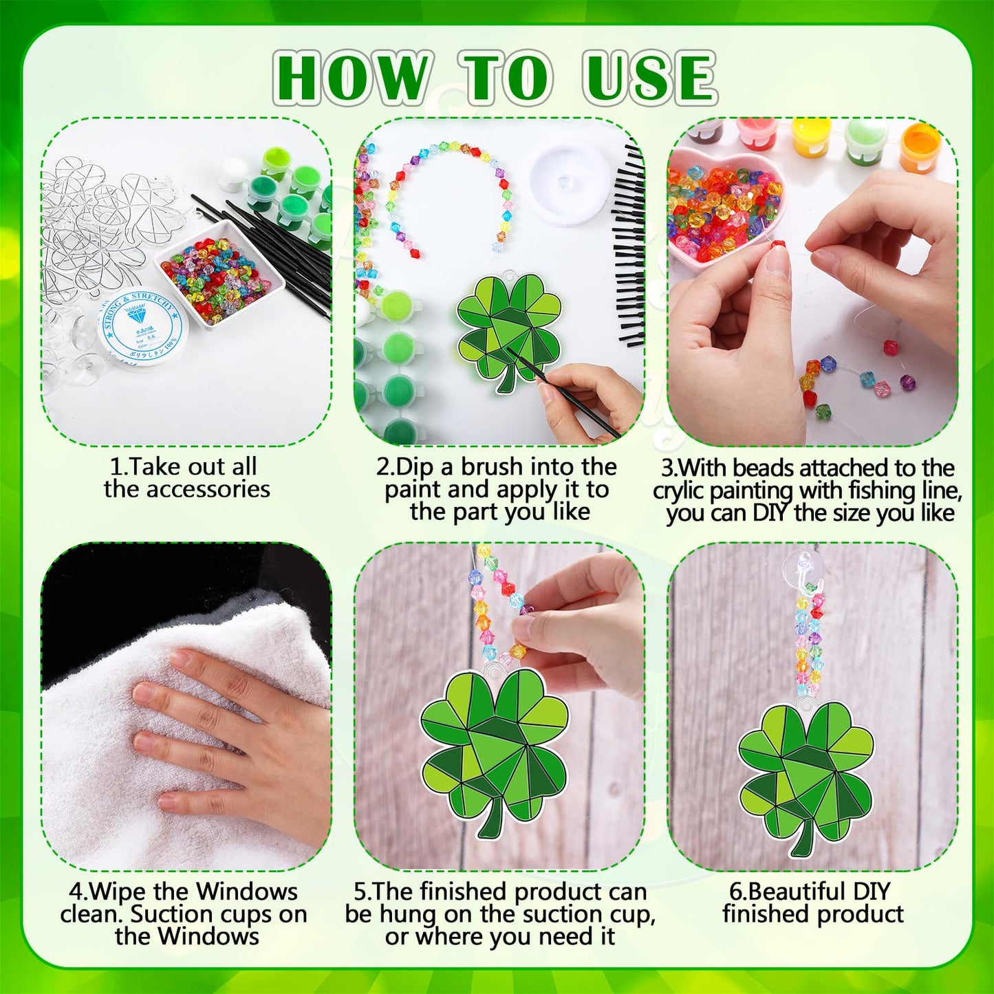 Beeveer 30 Sets St. Patricks Day Shamrock Clover Suncatchers Window Art, Lucky DIY Irish Sun Catchers Bulk Crafts Paint Your Own Window Ornaments for Adults Home Birthday Activity Party Decor