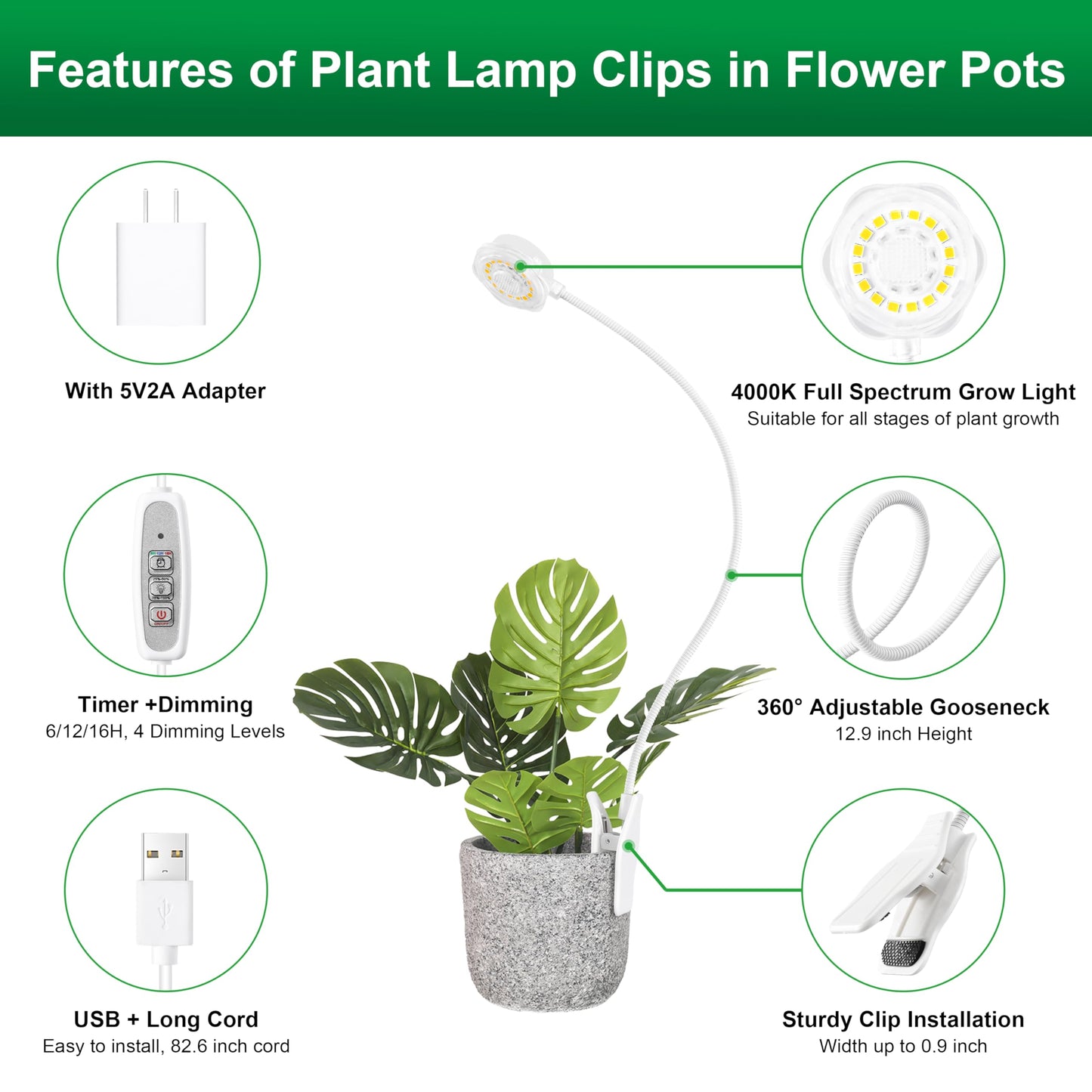 Hywyimlait Grow Lights for Indoor Small Plants, Pot Clip Plant Growing Lights, LED Full Spectrum, Grow Lamps with 4 Level Dimmable, Auto Timer 6/12/ 16 Hrs for Succulents, White 1 Pack