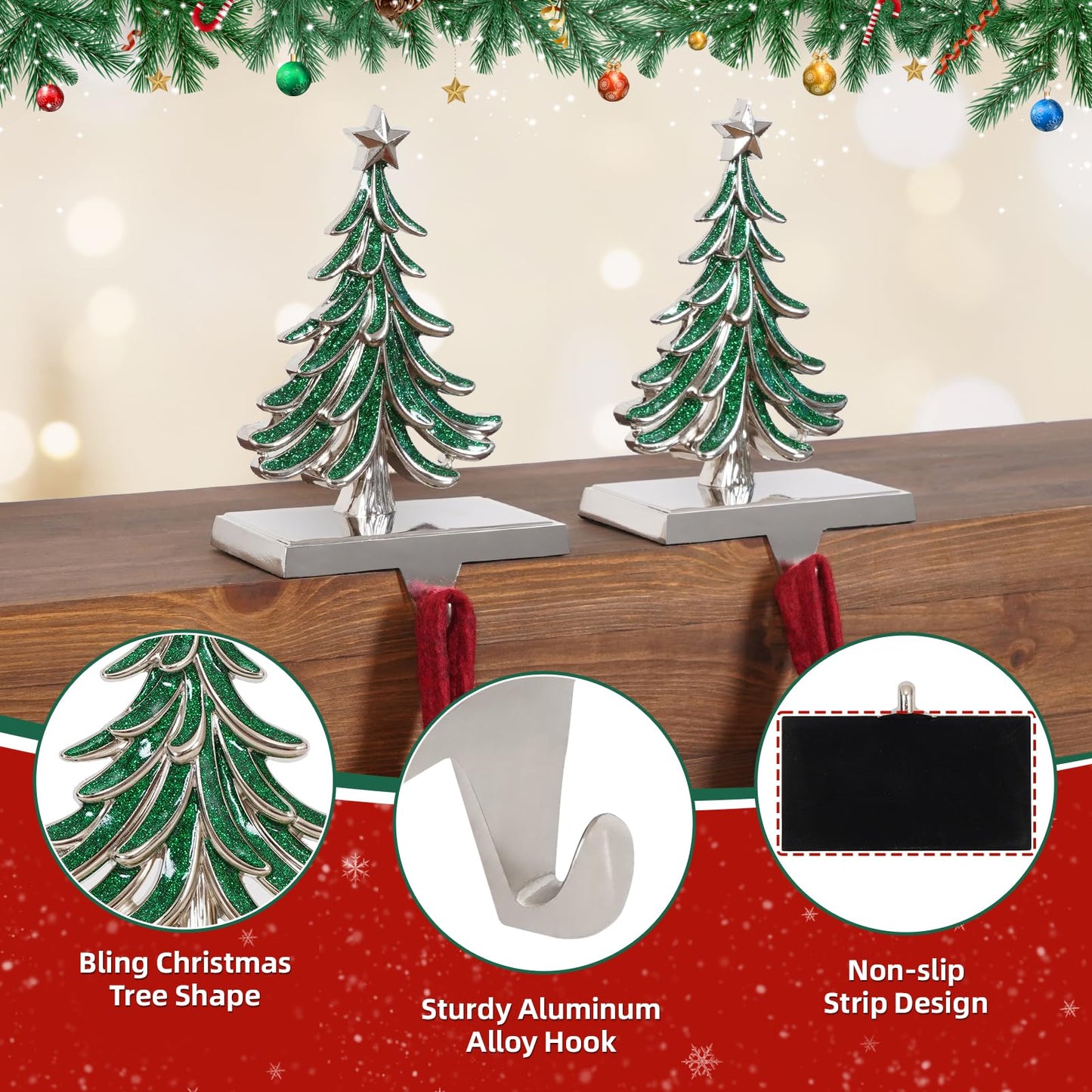 G GOOD GAIN Christmas Stocking Holders for Mantle - Set of 2 Christmas Tree Weighted Stocking Hangers with Non-Slip Base Silver Sturdy Metal Hooks for Fireplace Shelf Counter Holiday Decorations