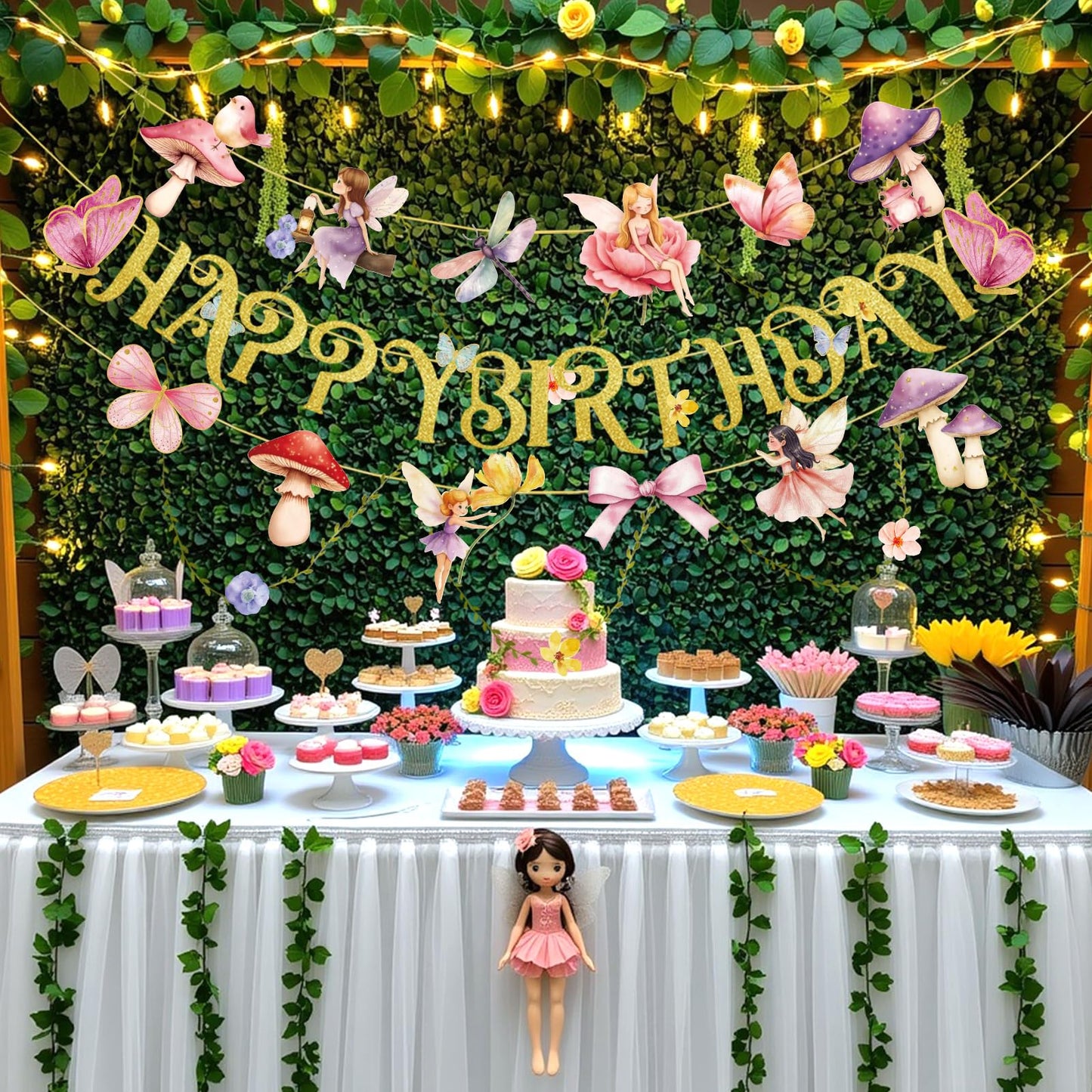 Paper Jazz Fairy Birthday Banner with Butterfly Fairy Party Decorations Mushroom Decor Fabric Vines Paper Garlands Decorations for Birthday,Garden Tea Party,Baby Shower.