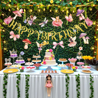 Paper Jazz Fairy Birthday Banner with Butterfly Fairy Party Decorations Mushroom Decor Fabric Vines Paper Garlands Decorations for Birthday,Garden Tea Party,Baby Shower.