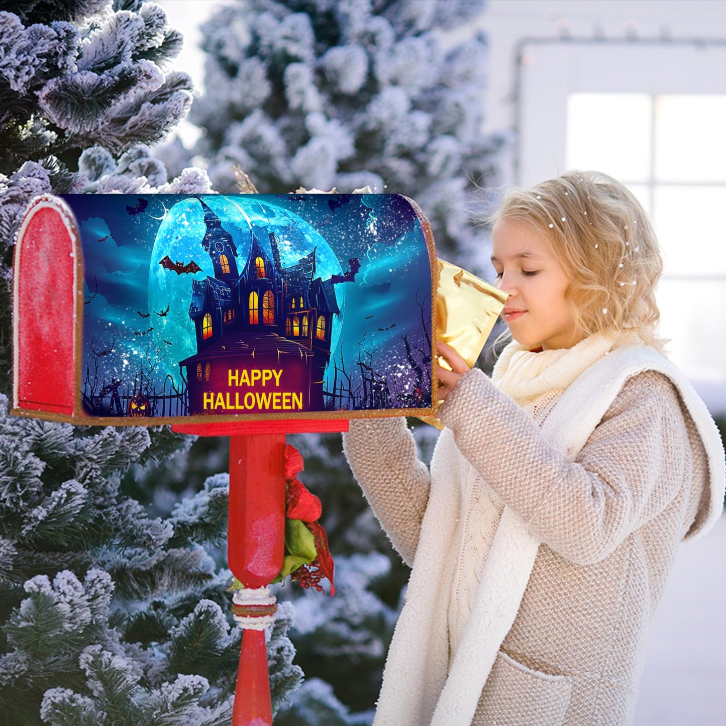 Happy Halloween Mailbox Covers Magnetic Scary Night Haunted House Waterproof Mail Box Wraps Large Size 25.5x21 Inch Full Moon Bats Decorative Blue Letter Box Cover for Home Garden Yard Outside