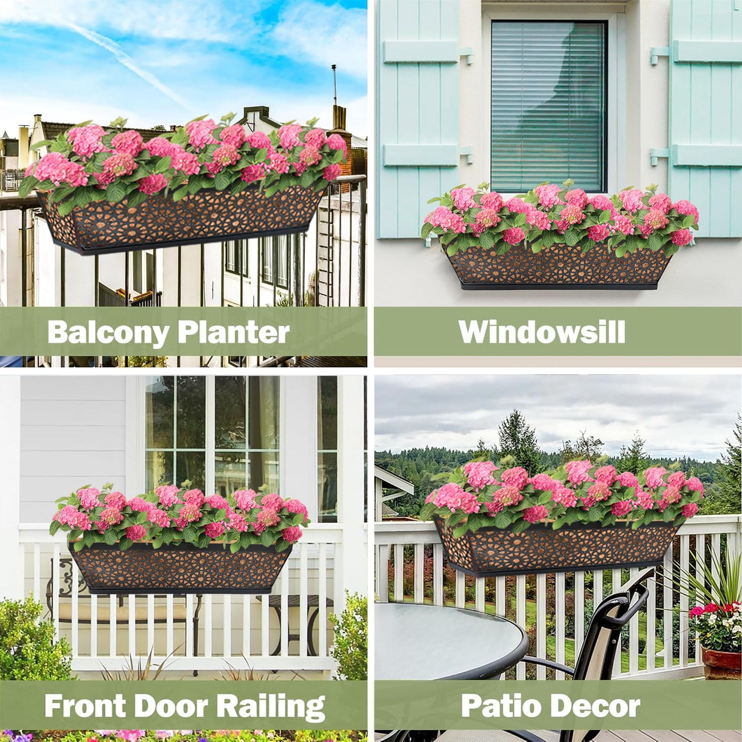ZVOWOS Black Metal Railing Planter Window Box (2 Pack, 24 Inch) Horse Trough Planter with Coco Fiber Liner Deck Balcony Rail Planters for Porch Fence Patio Outdoor Garden Décor