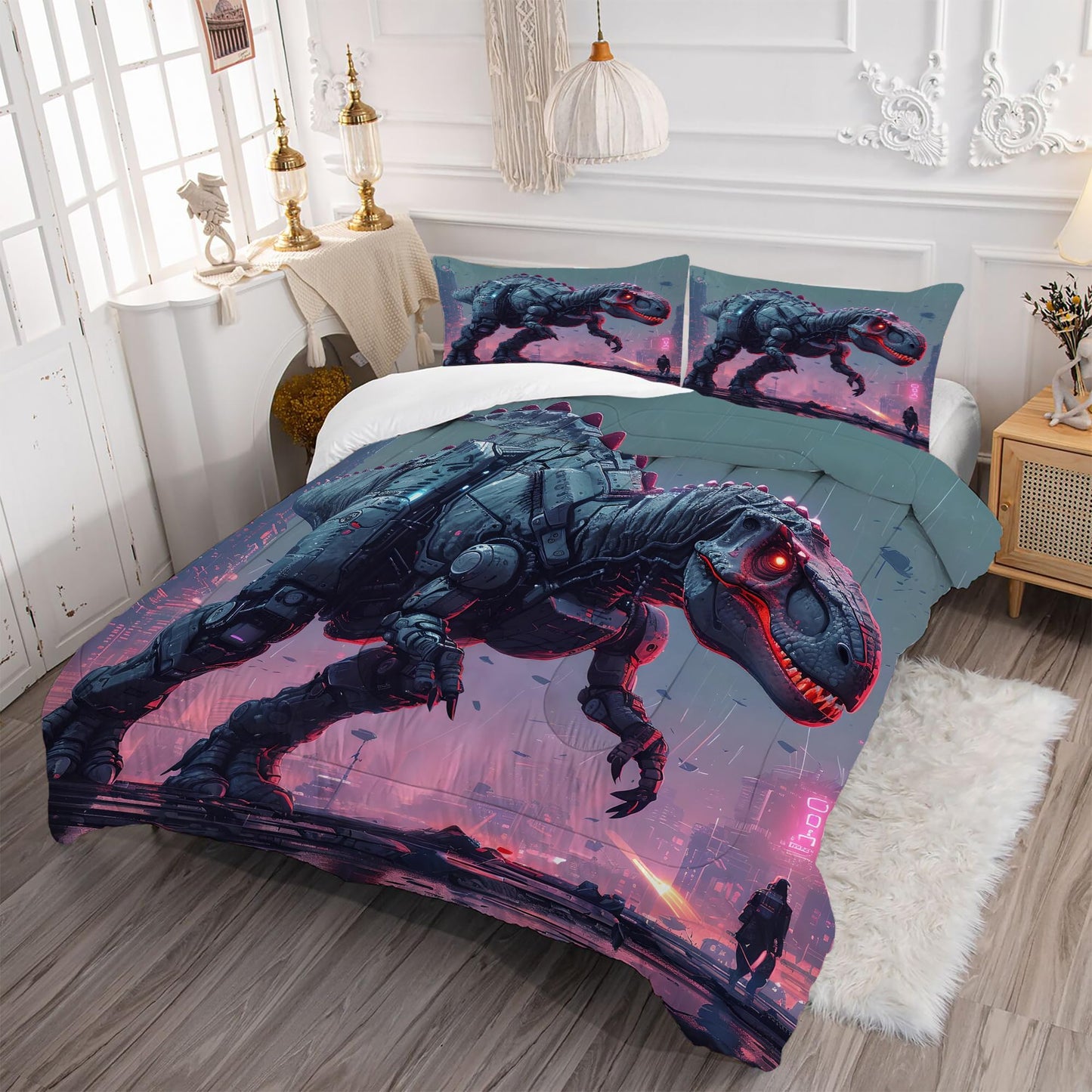 VTKON Kids Dinosaur Comforter Set Queen Size Dino Bedding Set for Kids Teens 3D Printed Neon Dino Comforter Sets 3 Pcs Soft Microfiber Boys Bedroom Decor