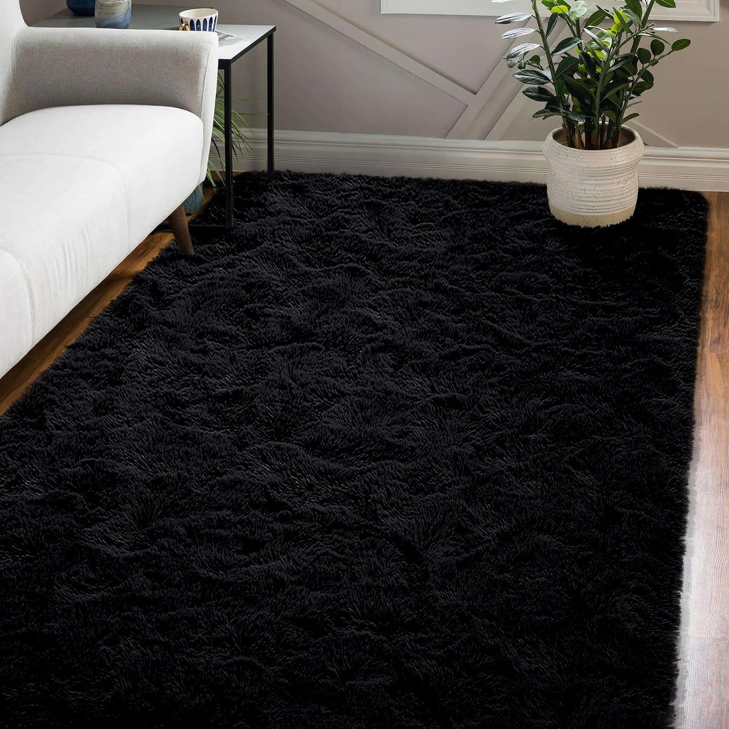 XSIVOD Black Rugs for Living Room, Ultra Soft Bedroom Rug, Plush Floor Carpet, Luxury Fluffy Shag Lounge Carpet for Nursery, Kids Baby Room, 80x160cm